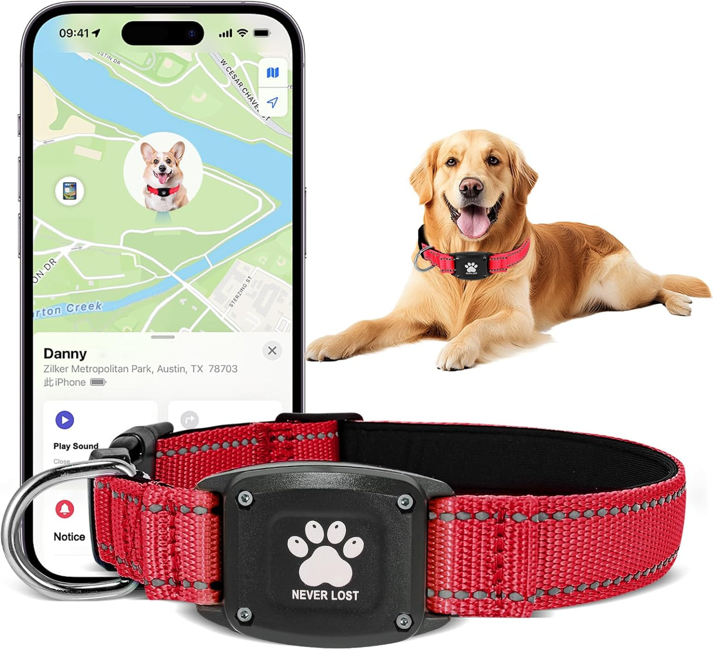 GPS Dog Collar Tracker 2-in-1,Reflective Waterproof Pet Collar,iOS-Only,No Monthly Fees,Unlimited Range,Ideal for Dog Tracking pet Tracker,for Small Medium Large Dogs(L (16.6"-24"), Red)