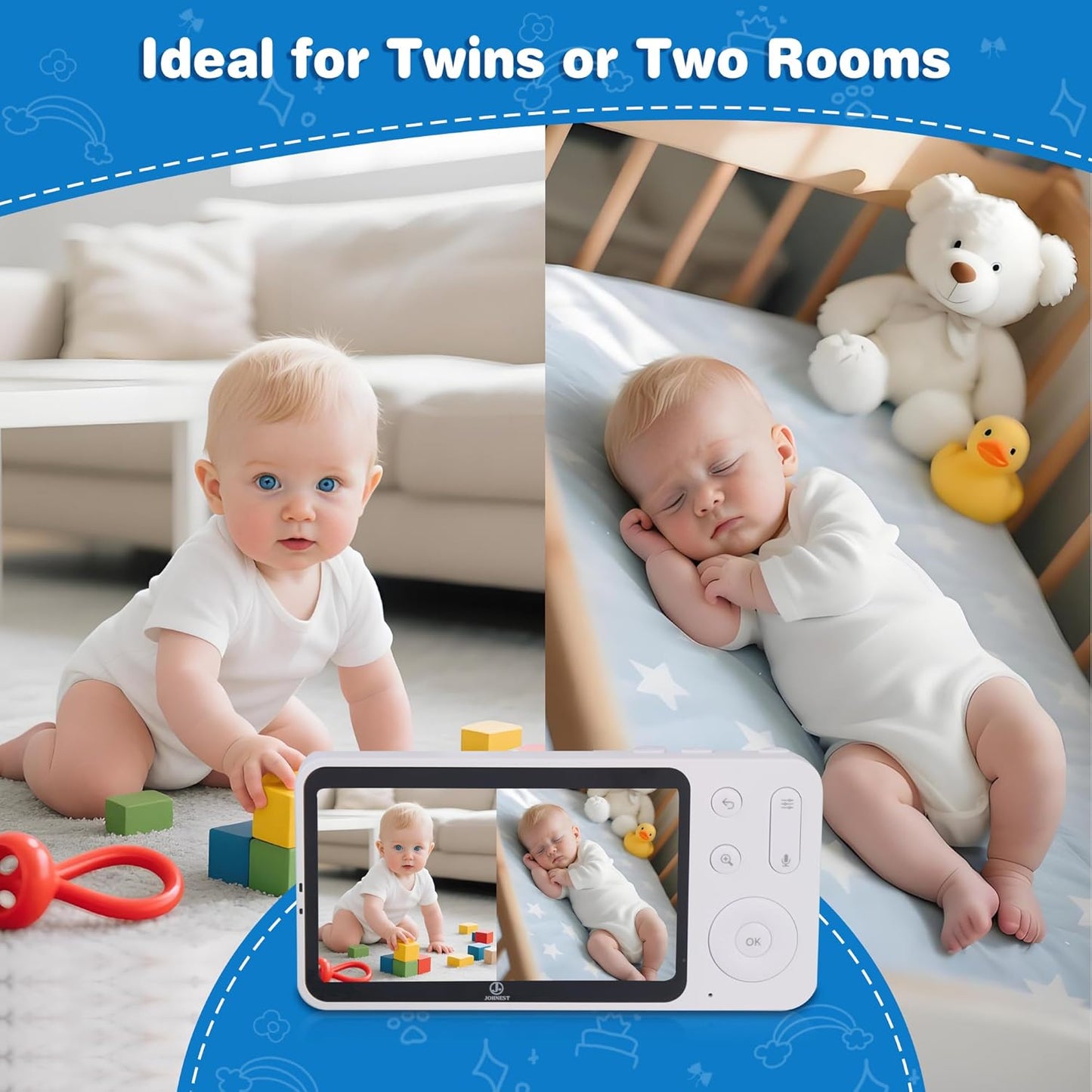 Baby Monitor with 1 or 2 HD Cameras – No WiFi Needed, AI Sleep Detection, Night Vision, Two-Way Talk, Temperature Alerts – Split Screen Option (2 Camera)