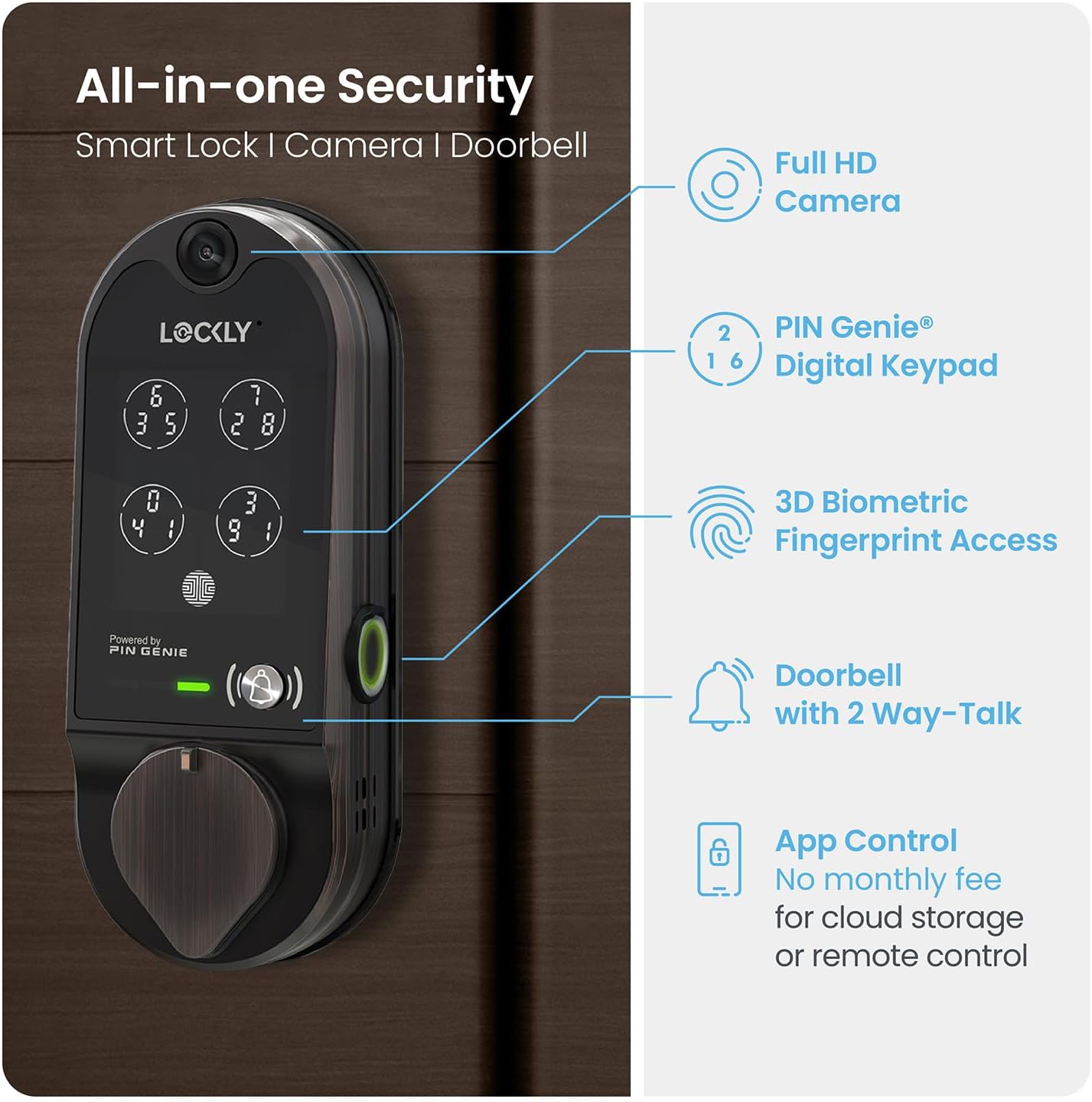 Lockly Vision Smart Lock, HD Video Doorbell Smart Locks for Front Door, Fingerprint Door Lock, Touchscreen Keypad, App Control, No Monthly Fee, Auto Lock - Venetian Bronze