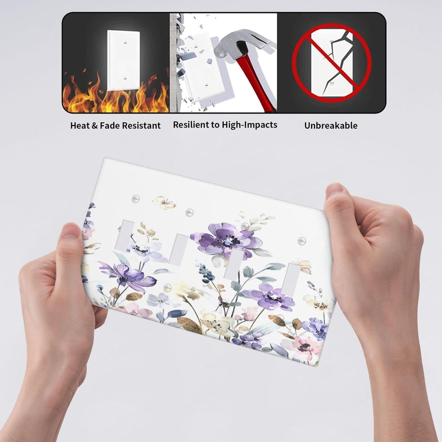 Light Switch Covers Purple Floral Lilac Watercolor Flower Leaves Butterfly Wildflower Quad Toggle 4 Gang Wall Plate Electrical Faceplate Decorative Switch Plates for Bedroom Home Decor