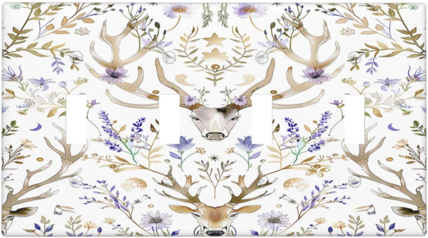 Light Switch Covers Gothic Retro Floral Damask Elk Wild Flower Quad Toggle Electrical Faceplate 4 Gang Wall Plate Decorative Switch Plates For Bed Room Living Room Decor