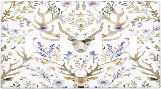 Light Switch Covers Gothic Retro Floral Damask Elk Wild Flower Quad Toggle Electrical Faceplate 4 Gang Wall Plate Decorative Switch Plates For Bed Room Living Room Decor