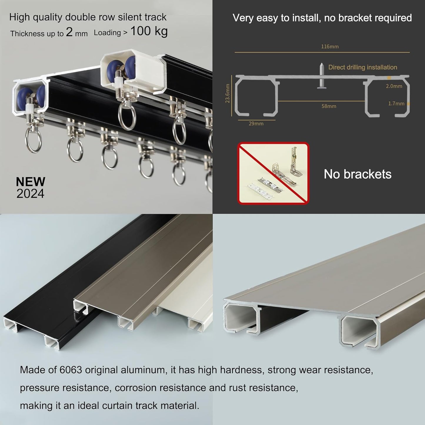 Double Row Ceiling Curtain Track - Ceiling Mounted Curtain Double Rails for Drapes, Room Dividers - Black, 4.5M