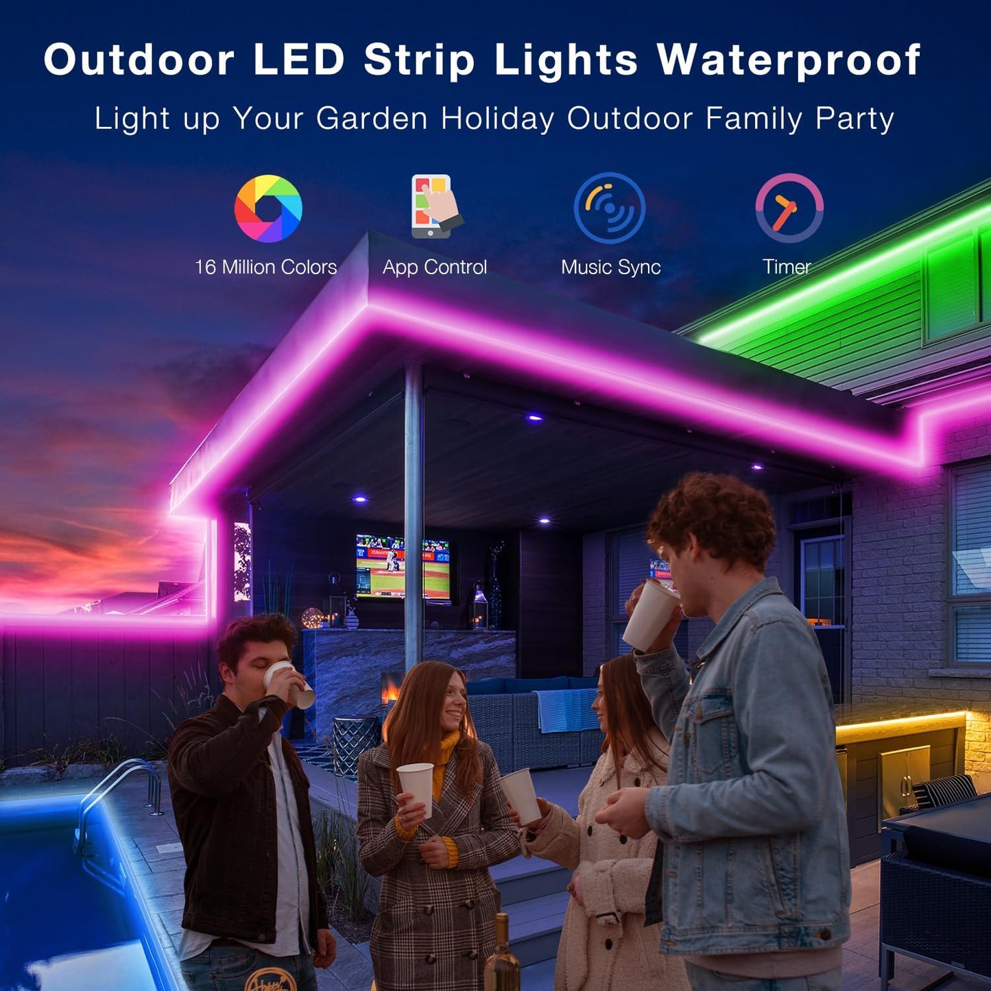 Outdoor LED Strip Lights Waterproof 100ft, IP67 Waterproof LED Light Strips with Remote, Music Sync APP Control, RGB Color Changing LED Lights for Eaves, Roof, Pool, Patio, Outdoor Decorations