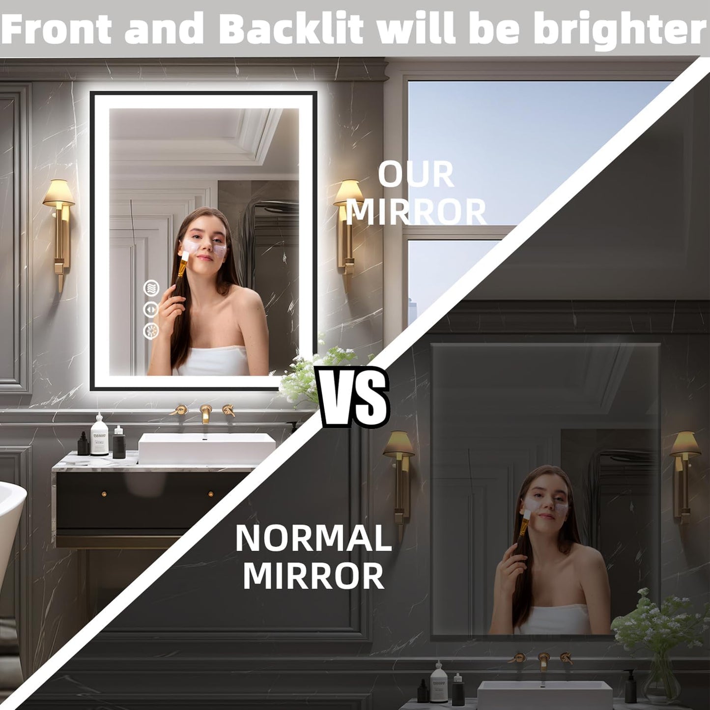 20x28 Light up Bathroom Mirror,LED Vanity Mirror,Black Framed,Backlit + Front Lit,3 Colors Dimmable,Anti-Fog,Shatter-Proof,Touch Control,Anti-Corrosion,Memory(Horizontal/Vertical)