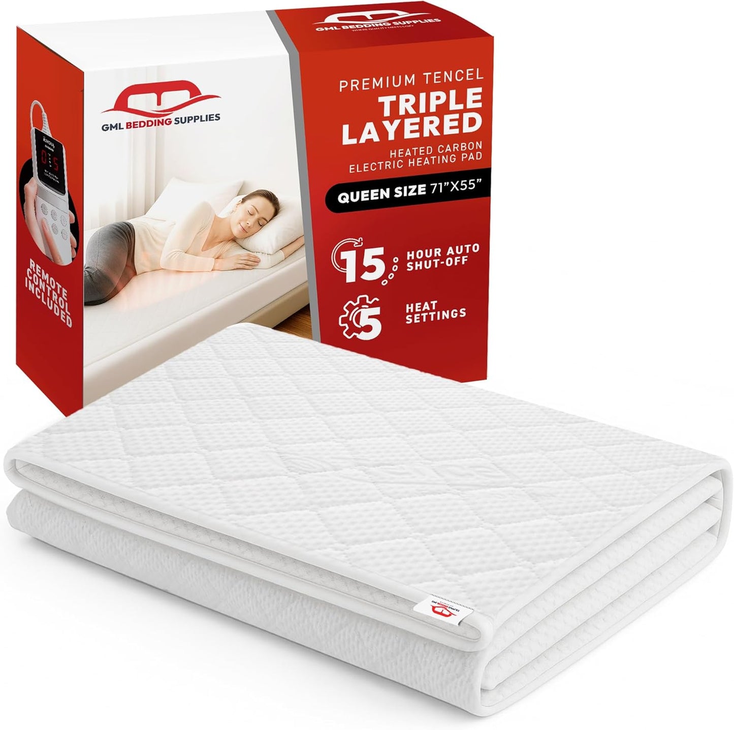 GML Premium Tencel Triple-Layer Heated Mattress Pad, Machine Washable, 15-Hour Auto Shut-Off, 5 Heat Settings, Timer, Smart Controller, Electric Mattress Pad & Bed Warmer - Queen Size, 71x55