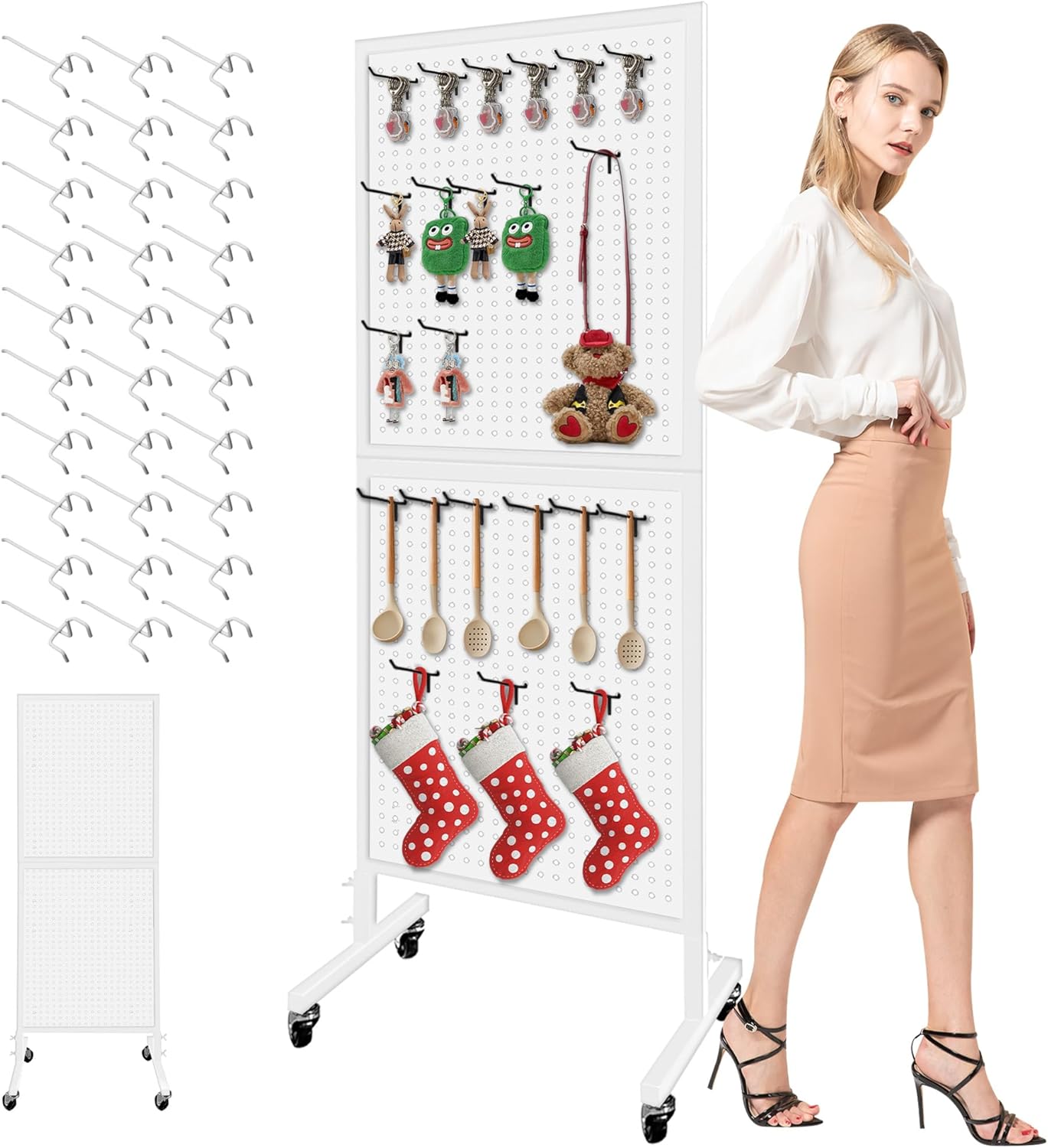 Royxen Standing Pegboard Display 2 x 5 Feet, Metal Pegboard with 30 Hooks, Peg Board Display Stand with Wheels for Vendors, Home and Retail Store (White)