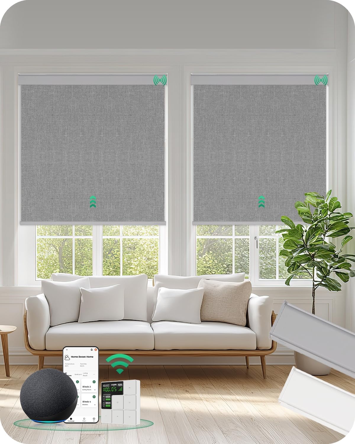 Allesin Motorized Roller Blinds – Rechargeable Smart Shades with Remote & Quiet Motor, Top/Bottom Aluminum Rails, Alexa-Compatible for Window (Custom Size, 100% Blackout Stone-Weave)