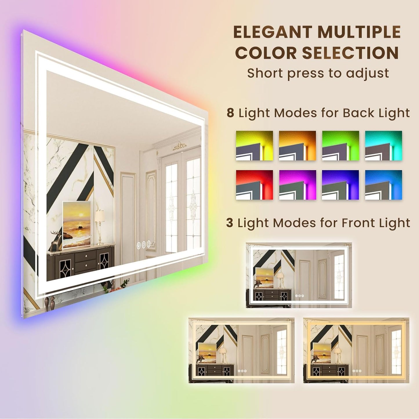 WTTY LED Bathroom Mirror 48"x32" with RGB Backlit and Front Light,Stepless Dimmable LED Mirror for Bathroom,Colored Lighted Bathroom Vanity Mirror,Anti-Fog,Memory Function,Shatter-Proof