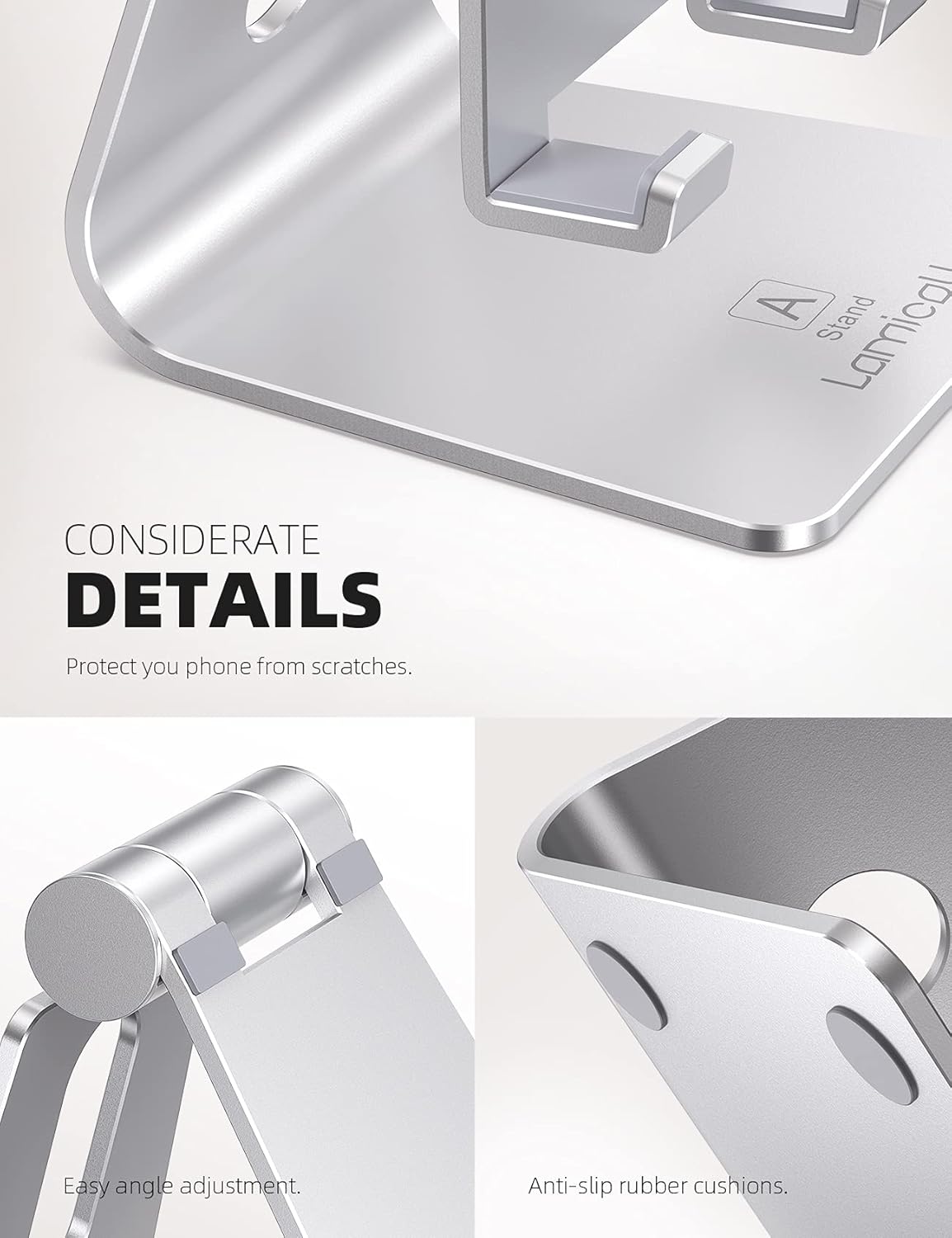 Lamicall Adjustable Cell Phone Stand, Desk Phone Holder, Cradle, Dock, for iPhone 16 15 14 13 12 Mini 11 Pro Xs Max XR X 8 7 6 Plus SE, Office Accessories,Smartphone - Silver