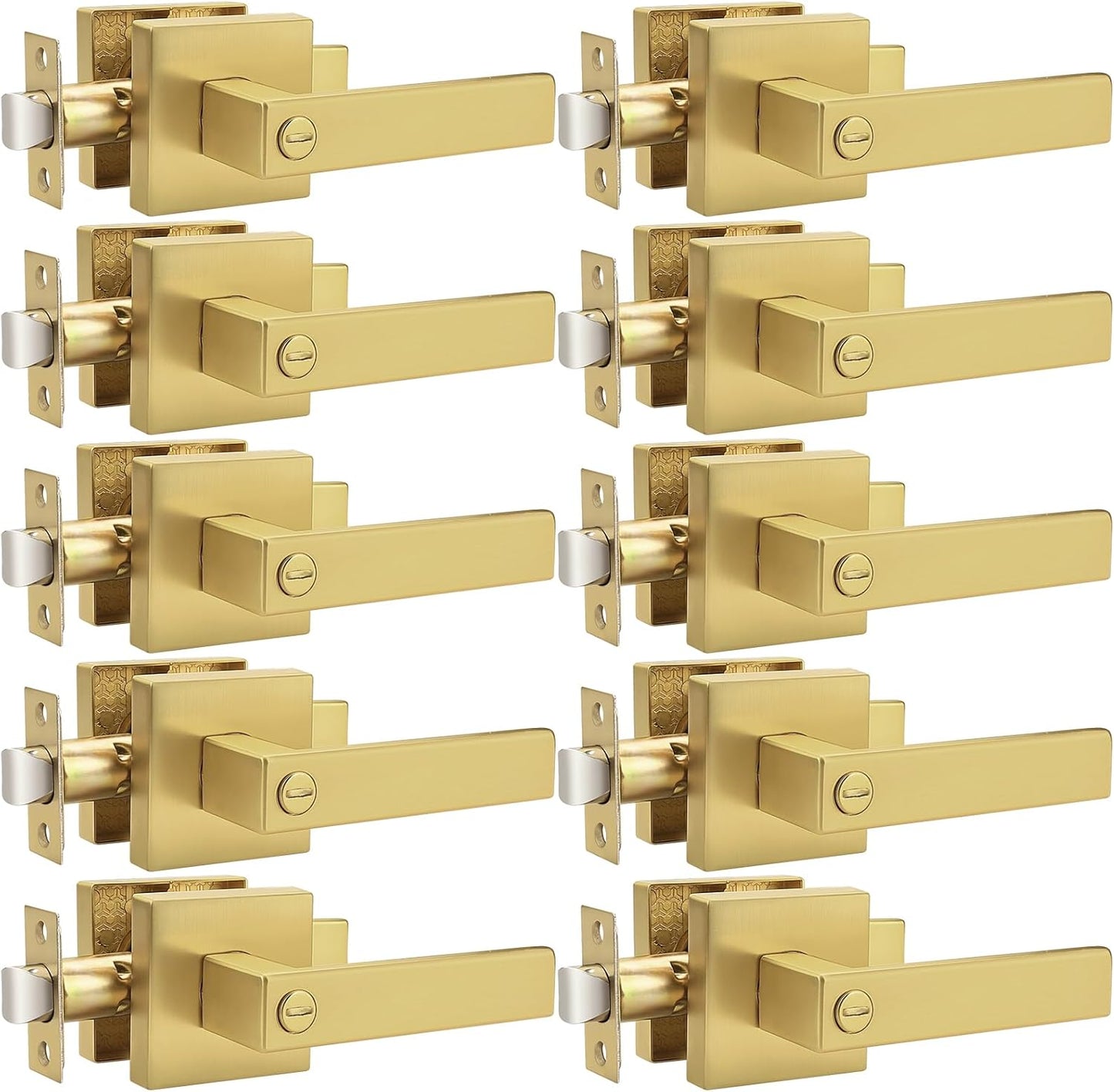 Probrico Interior Flat Square Gold Privacy Door Handle, Heavy Duty Keyless Interior Door Lever for Bed & Bath(10 Pack)