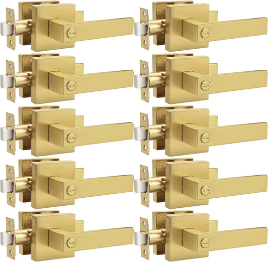 Probrico Interior Flat Square Gold Privacy Door Handle, Heavy Duty Keyless Interior Door Lever for Bed & Bath(10 Pack)