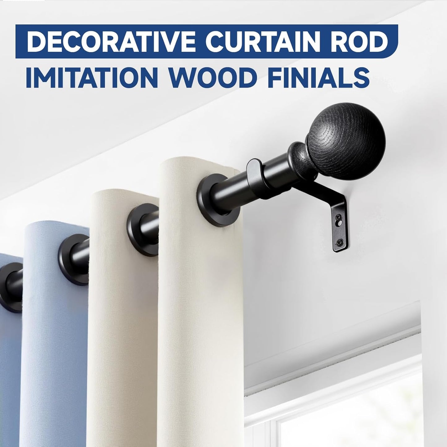 BRIOFOX Black Curtain Rods for Windows 72 to 144 Inch(6-12ft) - 1'' Diameter Heavy Duty Curtain Rods with Imitation Wood Grain Pattern Finials,Adjustable Decorative Curtain Rods Set,28-144''