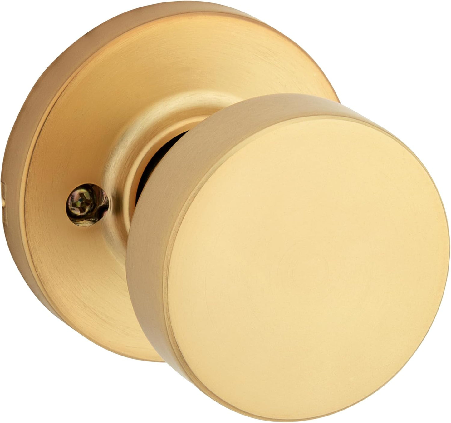 Kwikset Pismo Dummy Door Knob, Single Sided Handle for Closets, French Double Doors, and Pantry, Satin Brass, Round, Non-Turning Interior Push/Pull Door Knob, Microban Protection