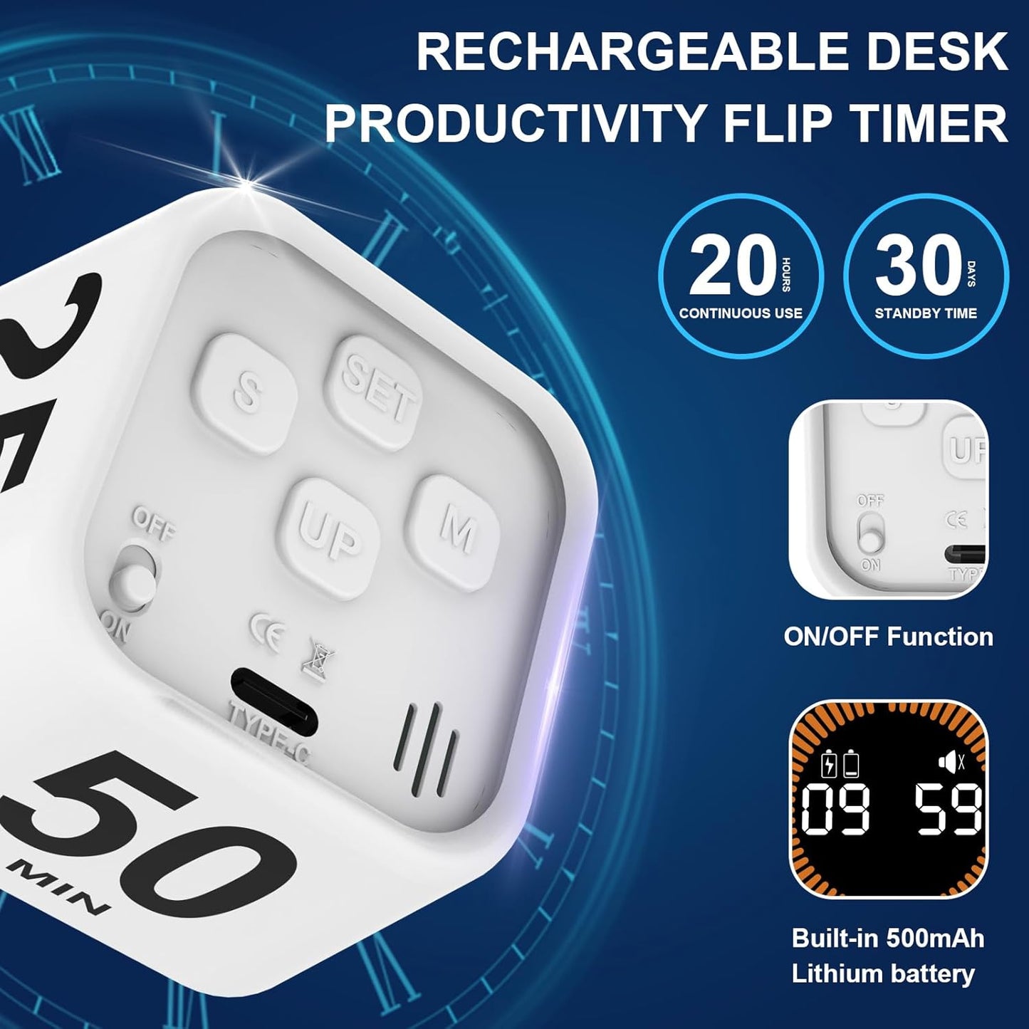 Rotating Cube Pomodoro Timer 5, 25, 10, 50 Min Preset + Custom Countdown, Desk Productivity Flip Visual Timer w/Silicone Case, Silent Mode, Ideal for ADHD Tool Study Work School (White)