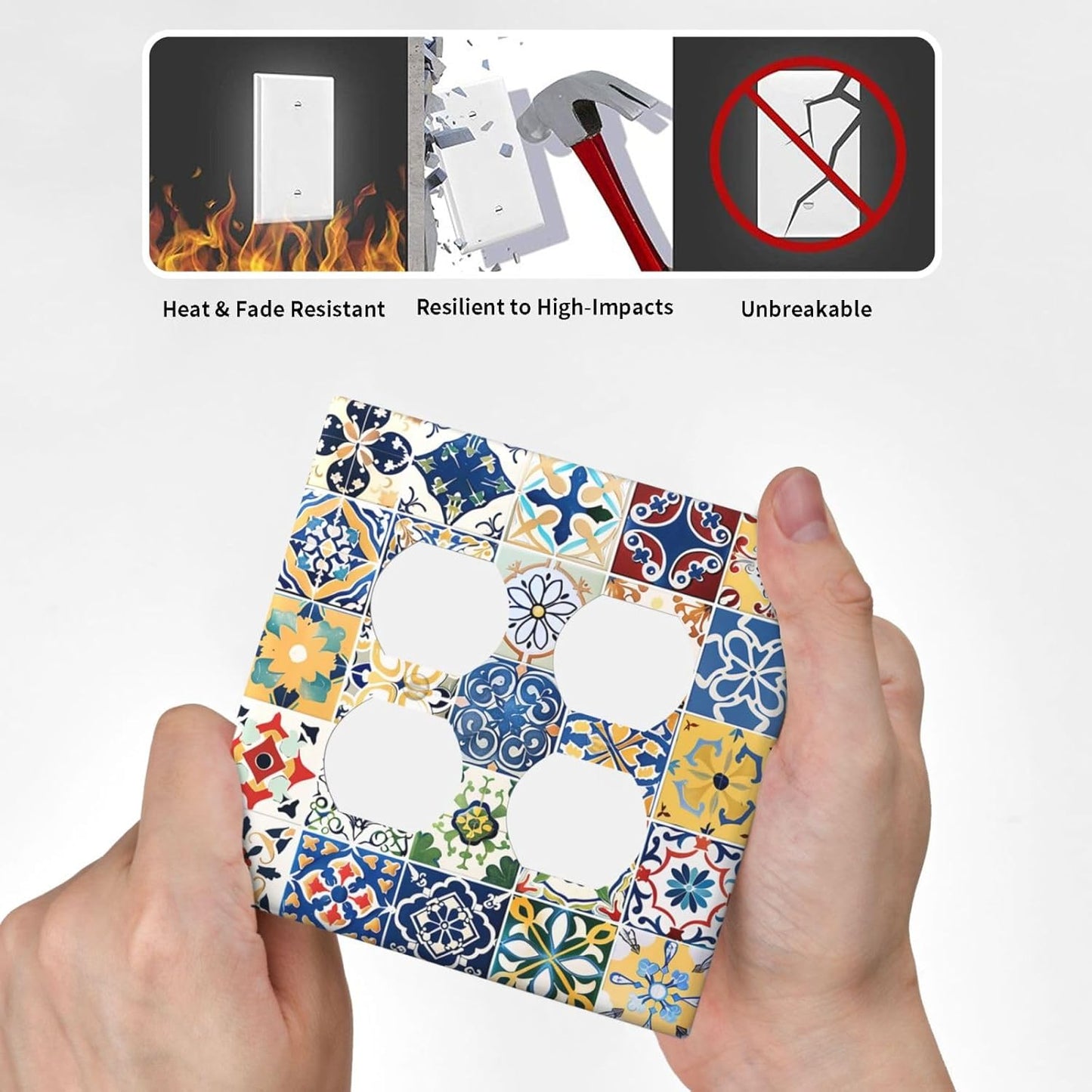 Outlet Covers Moroccan Traditional Mexican Talavera Til 2 Gang Double Duplex Decorative Light Switch Covers Electrical Wallplates Socket Faceplate for Kitchen Home Decor