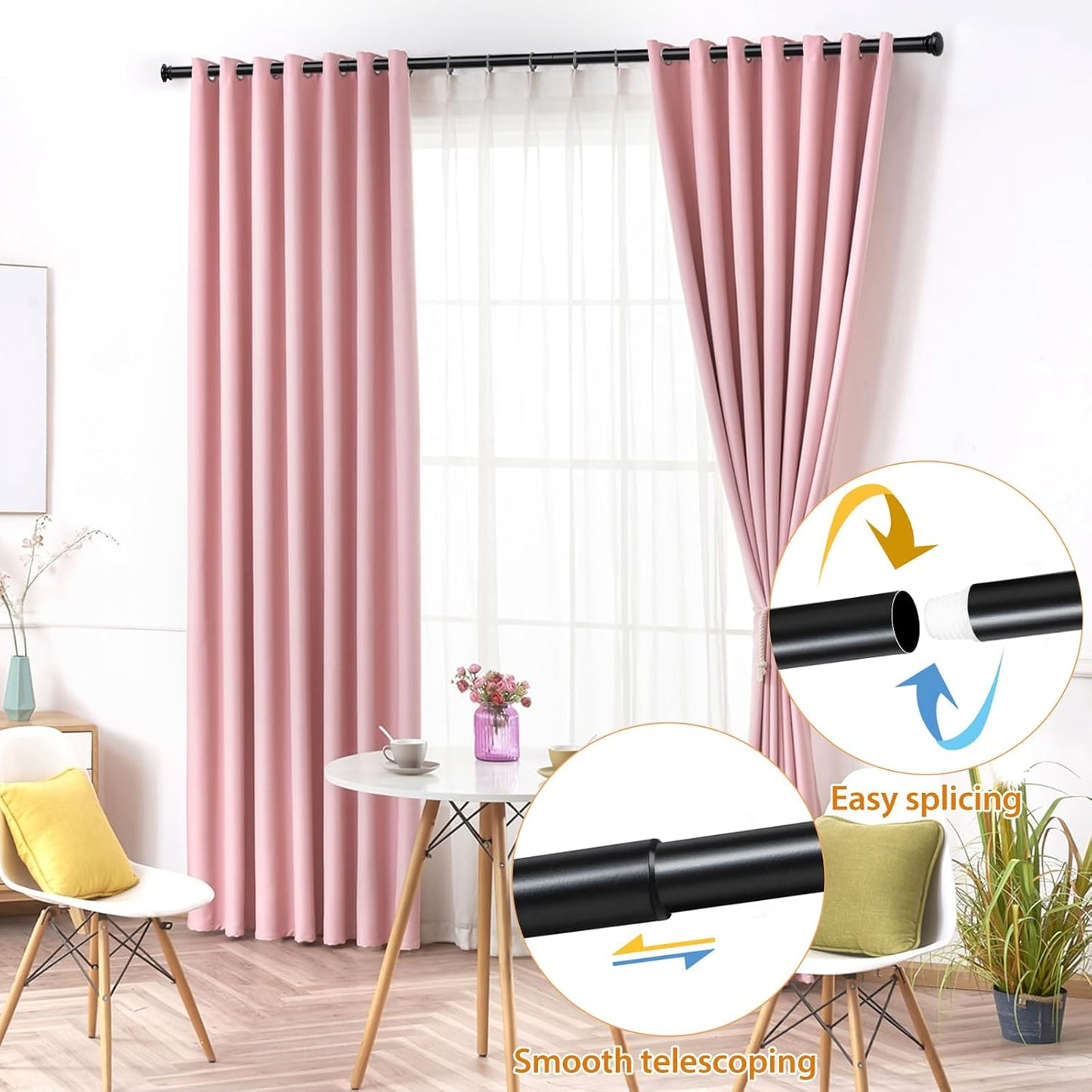 TONIAL Curtain Rod 32 to 86 Inch(2.6-7.2ft), Telescoping Splicing Drapery Rods for Windows 54 to 82 Inch(4.5-6.8ft), Decorative 3/4 Single Rod with Small Cap Finial, Black