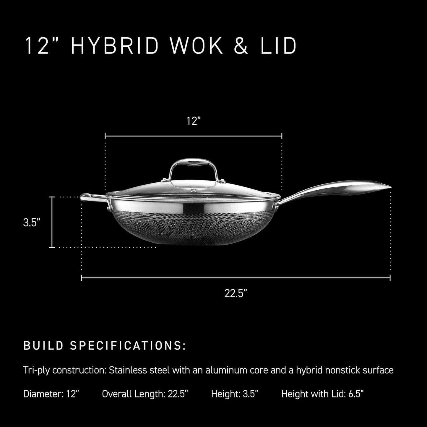 HexClad Hybrid Nonstick 12-Inch Wok with Stainless Steel Lid, Stay-Cool Handle, Dishwasher-Friendly, Oven-Safe Up to 900°F, Induction Ready, Compatible with All Cooktops
