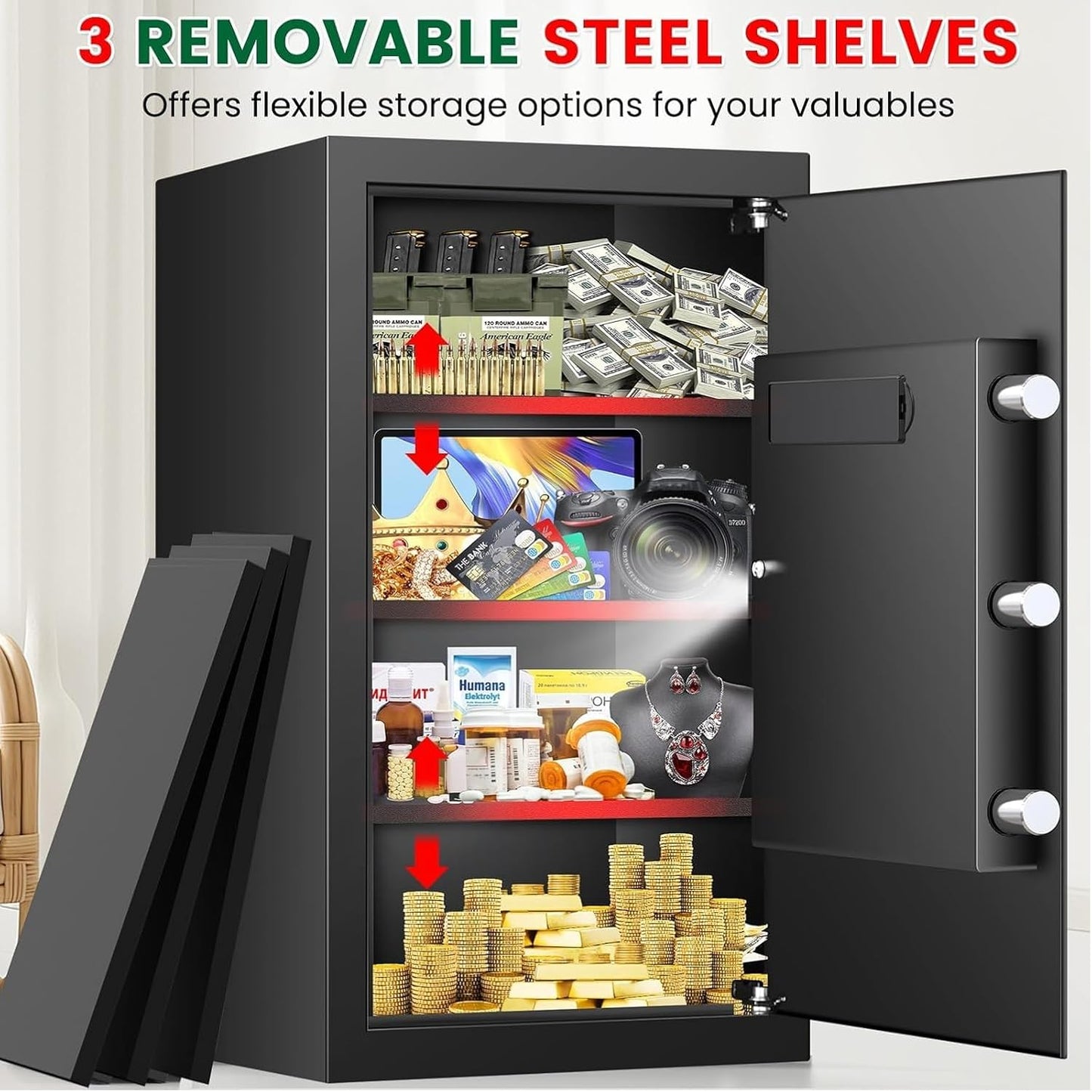 5.1 Cuft Large Home Safes Fireproof Waterproof, Anti-theft Security Personal Safe Box With Digital Keypad & 3 Removable Shelves and Led Light, Fireproof Document Safes for Home Money Valuables