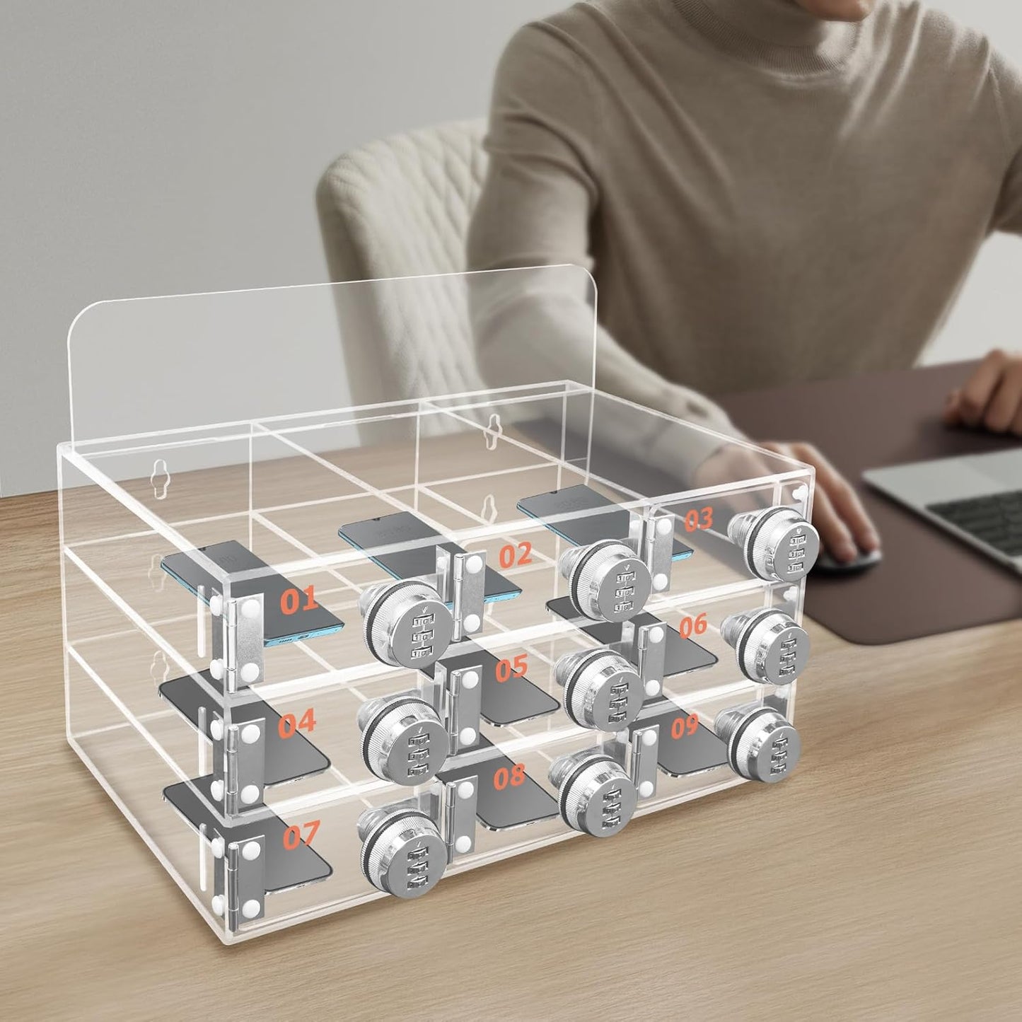 Cell Phone Locker Box 9 Slots Cell Phone Organizer Cabinet with Combination Locks Wall-Mounted Locking Cell Phone Storage Box for Classroom Office,Shool,Office (9 Slots, Wood+Acrylic)