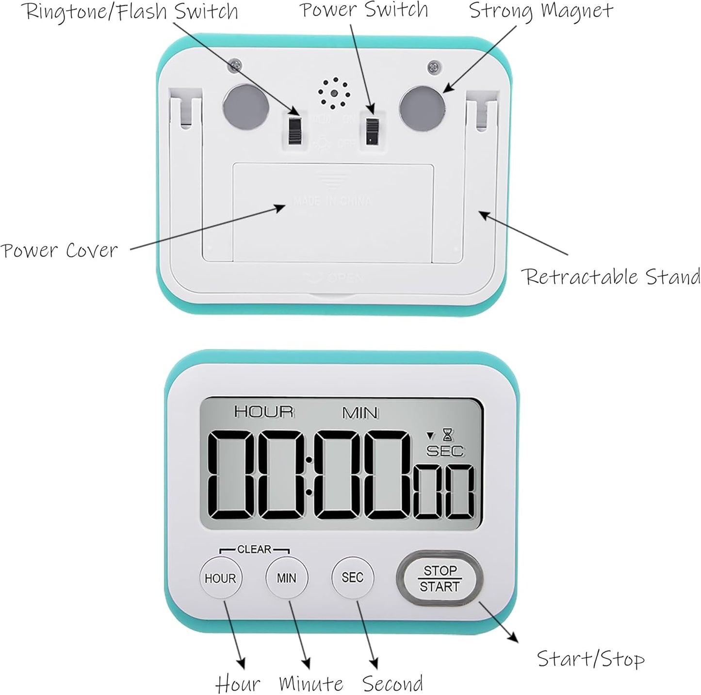 Digital Kitchen Timer Magnetic Loud Alarm, Large LCD Screen Silent/Beeping Multi-Function for Teachers Classroom Kids, Sky Blue