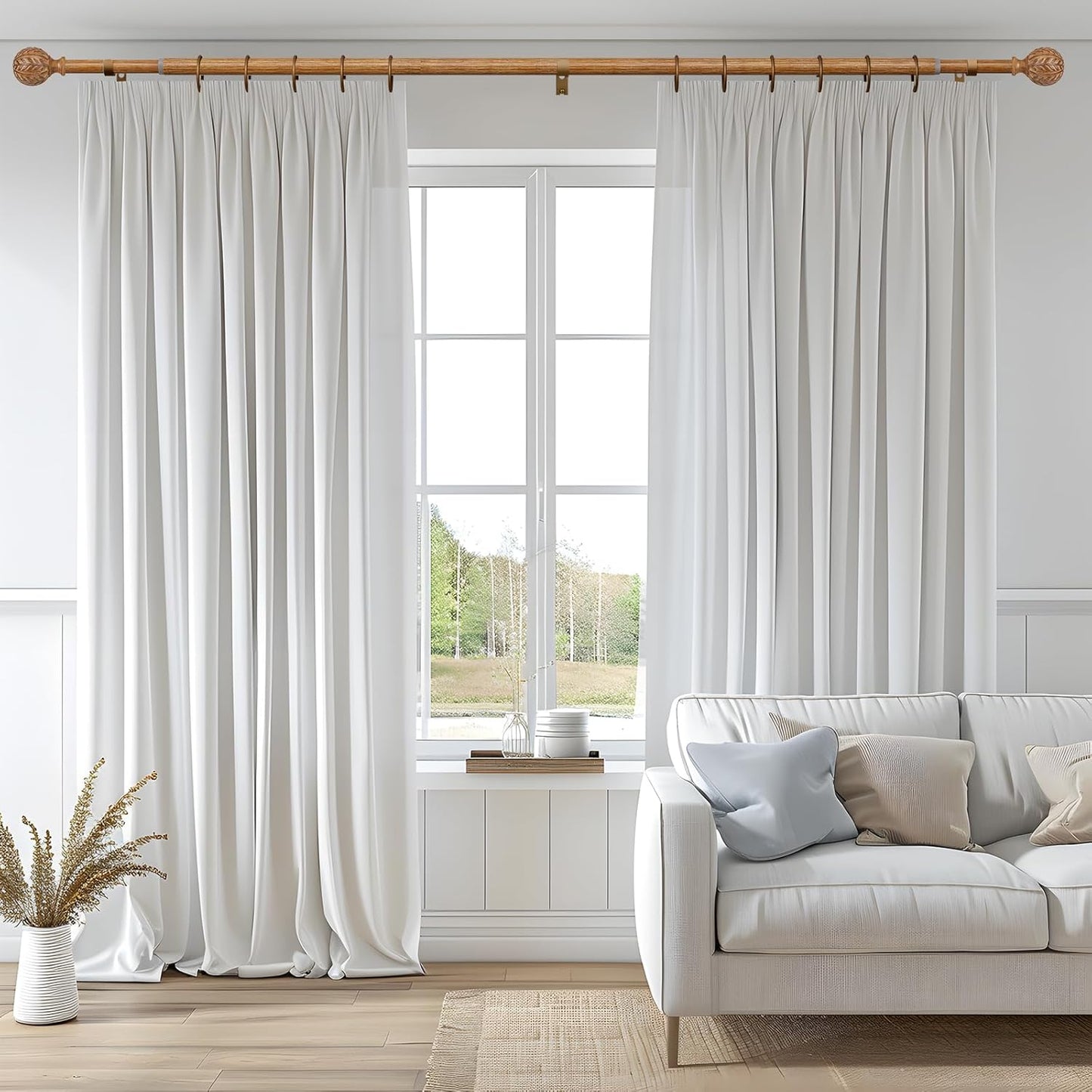 2 Pack Boho Wood Curtain Rods for Windows 28 to 48 inch,1" Adjustable Heavy Duty Window Curtain Rod with Imitation Wood Grain Finials,Rustic Decorative Drapery Rods Set 18-60'',Natural Wood