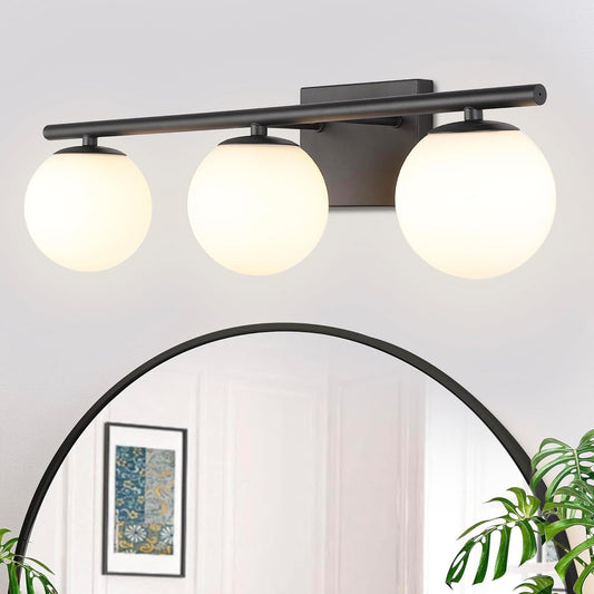 New Bathroom Vanity Light Fixtures Brushed Bronze Milk White Globe Glass Shade Modern Wall Bar Sconce Over Mirror (Black, 3 light-24inch-G9)