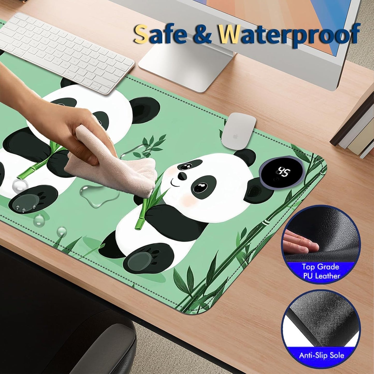Heated Mouse Pad with 3 Temperature Settings(104°F–122°F),Large 31.5x13 Inch PU Leather Heated Desk Mat,Waterproof Warming Pad for Office,Gaming & Cold Hands Relief,Cute Three Pandas