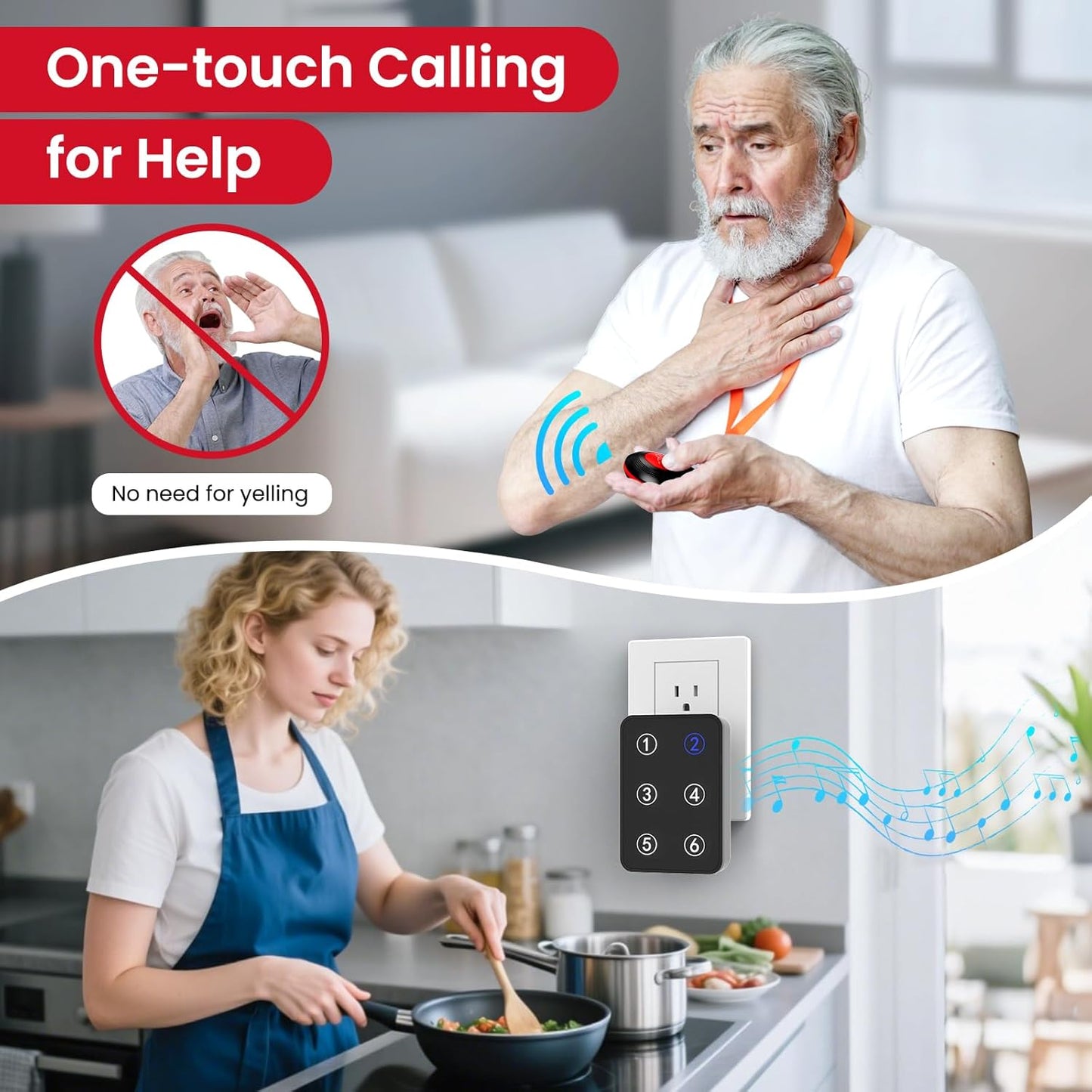 CallToU Wireless Call Button Caregiver Pager Nurse Call System for Elderly/Patients at Home/Hospital with Voice Announcements and LED Number Display (6 Waterproof Call Button & 2 Receiver)