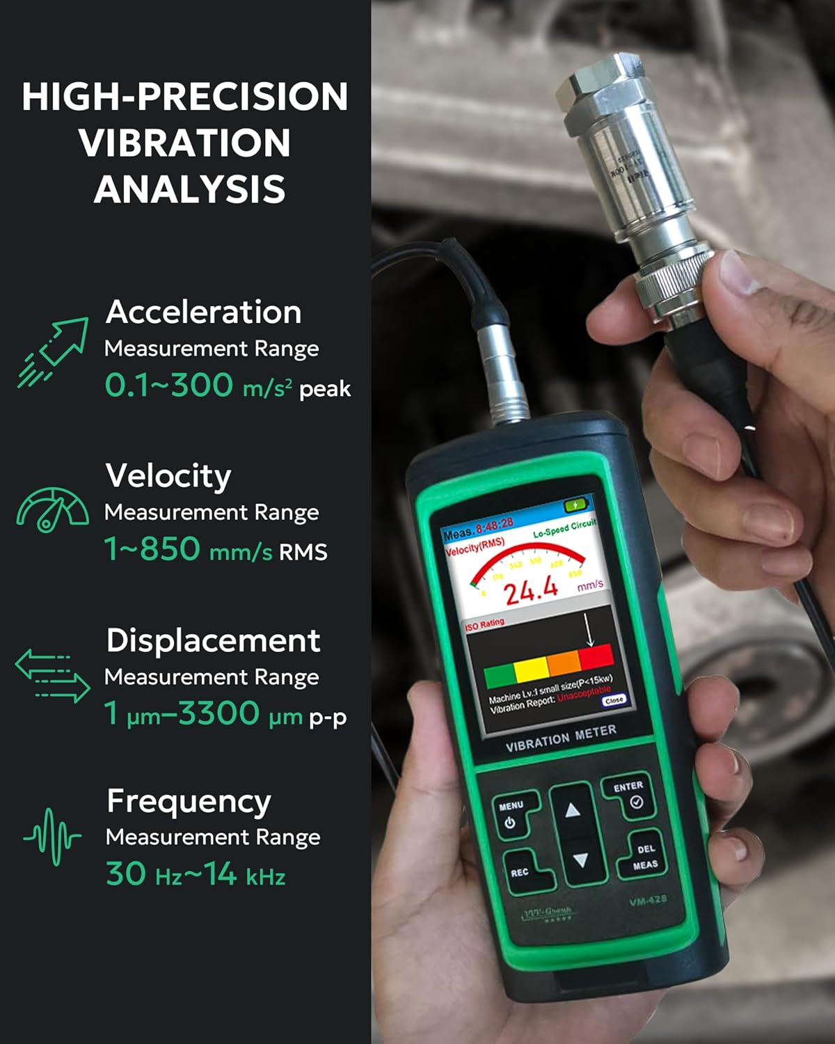 Digital Vibration Meter VM-428 | PC-Connected Analyzer | Measures Acceleration (0.1–300 m/s²), Velocity (1–850 mm/s), Displacement (1–3300 μm), Frequency (30Hz–14kHz) | for Industrial Equipment