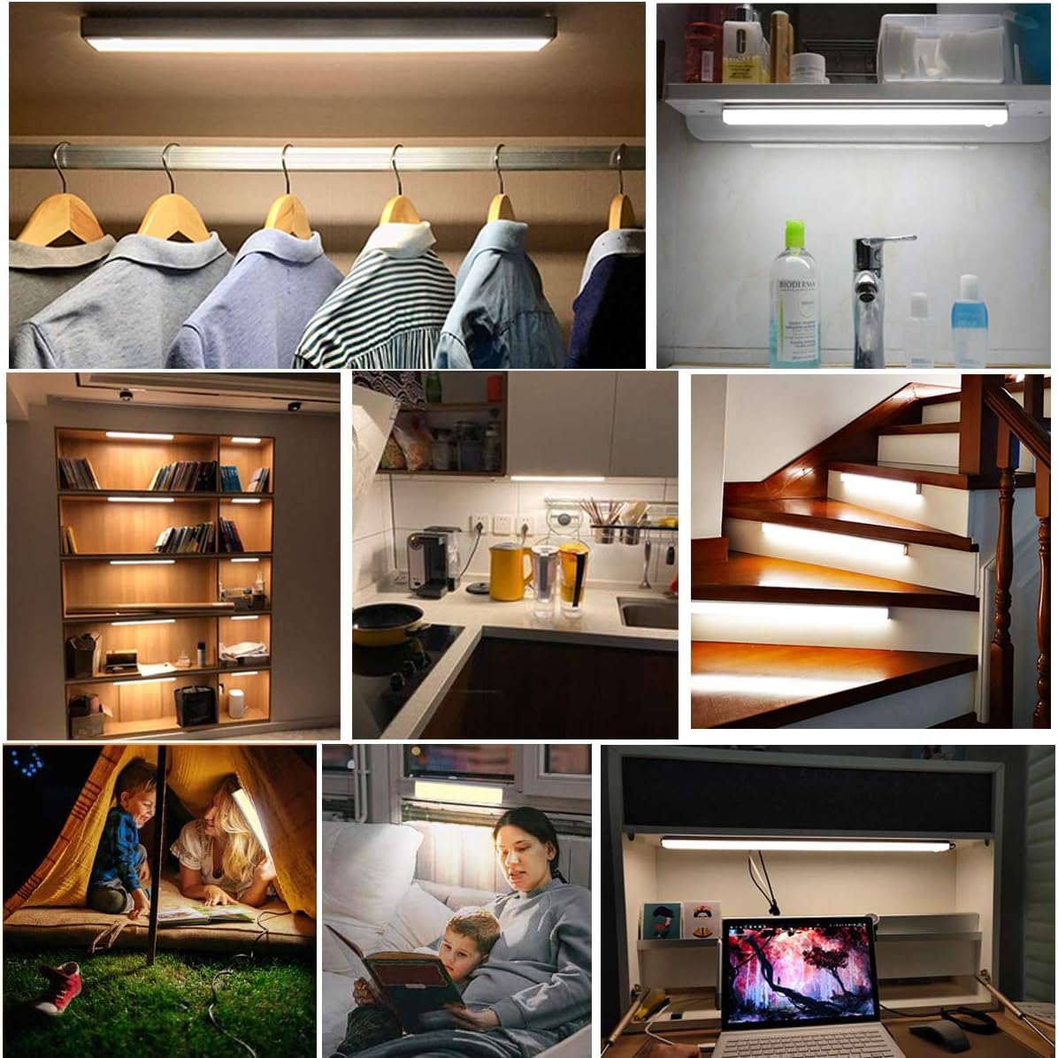 Closet Lights Motion Sensored Wireless Under Cabinet Lights Rechargeable Battery Operated LED Light Strip Bar Indoor Night Counter Lighting for Kitchen,Hallway,Wardrobe,Stairs,Pantry