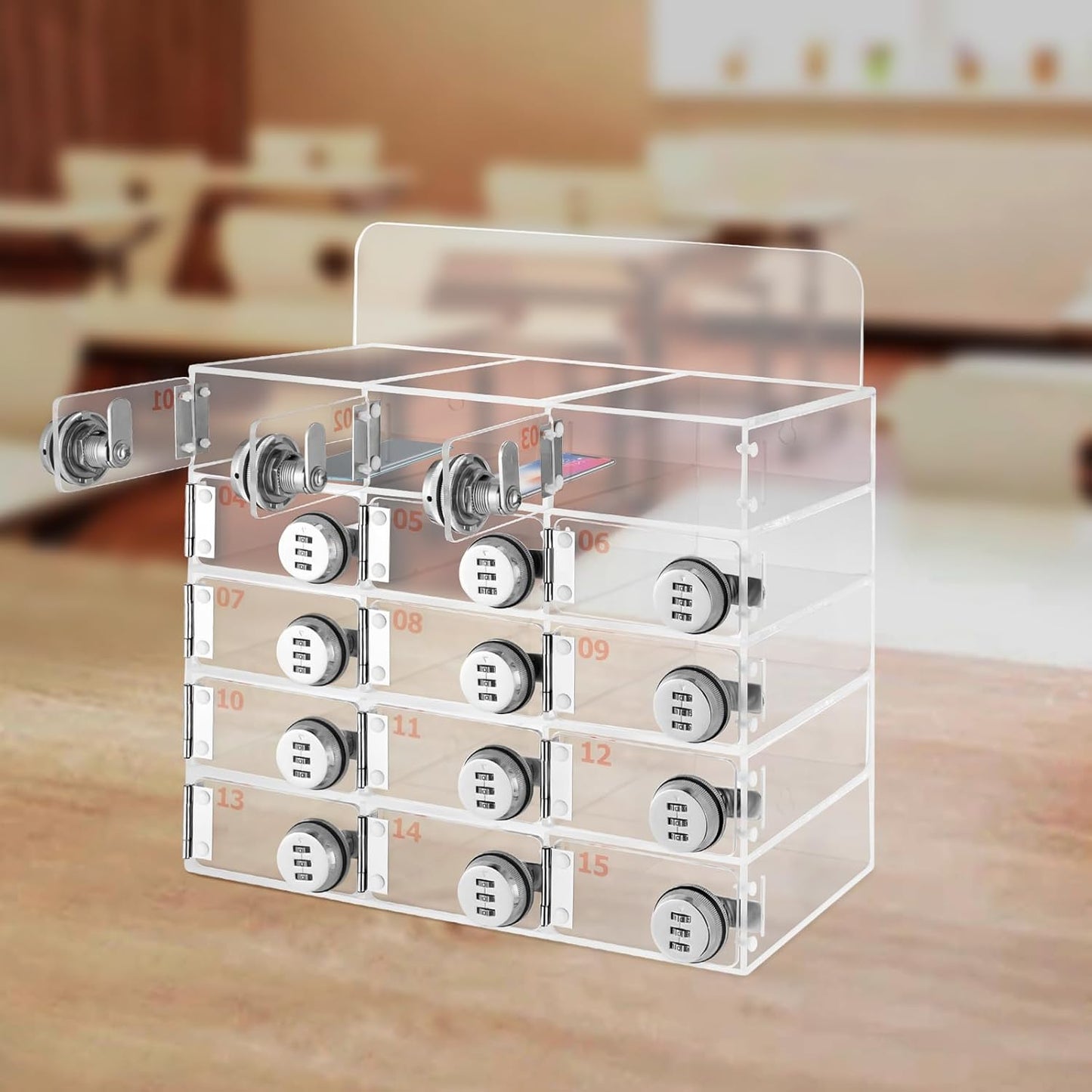 Cell Phone Locker Box 15 Slots Clear Acrylic Cell Phone Organizer Cabinet with Combination Locks Wall-Mounted Locking Cell Phone Storage Box for Classroom Office,Shool,Office (15 Slots, Acrylic)