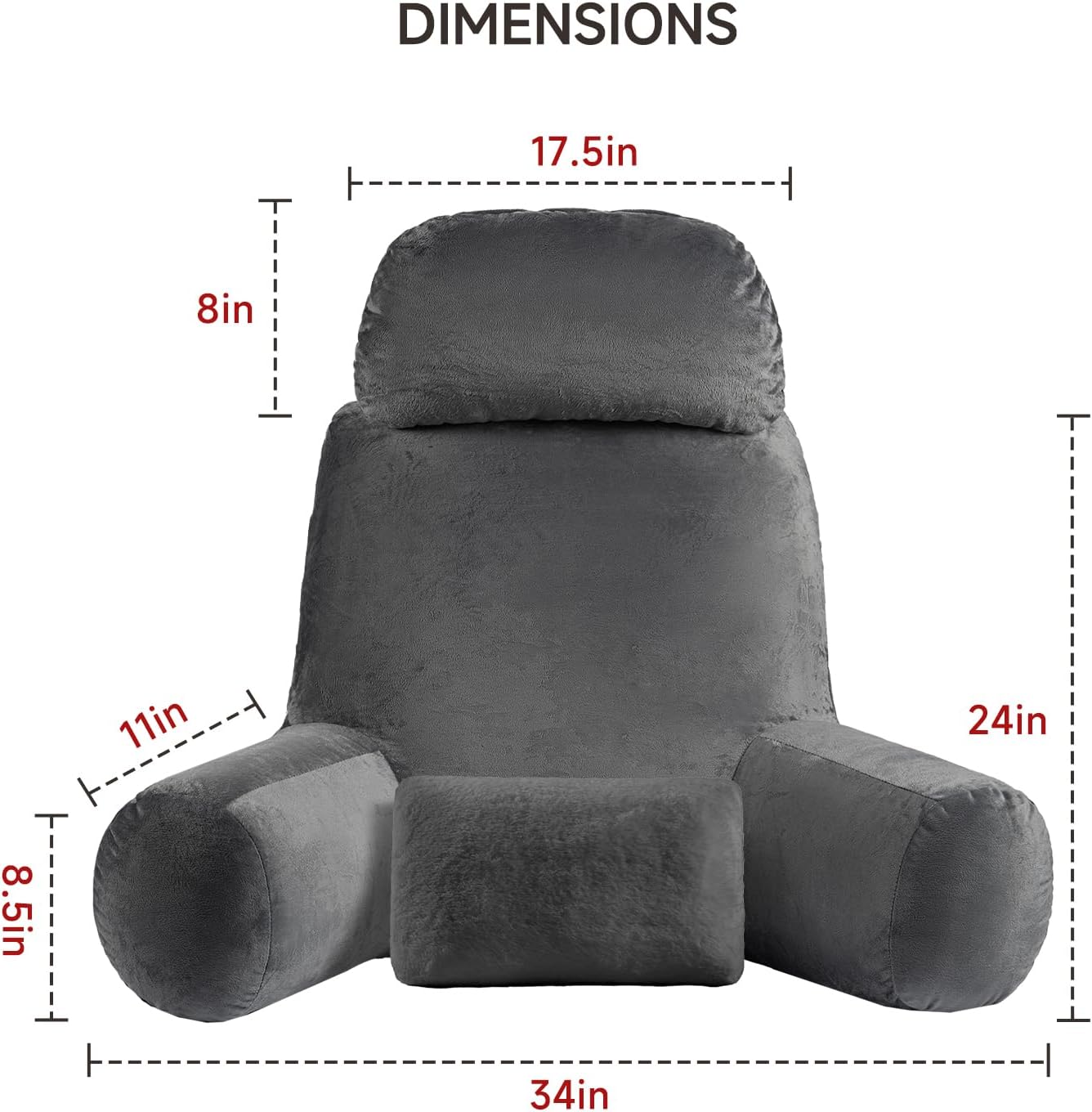 NOONTIDE Reading Pillow for Sitting up in Bed and Couch,32" X-Large Back Pillow for Adult & Teens with Soft Adjustable Neck Roll Backrest Pillow,Washable Cover,Watching TV/Gaming/Relaxing(Darkgrey)