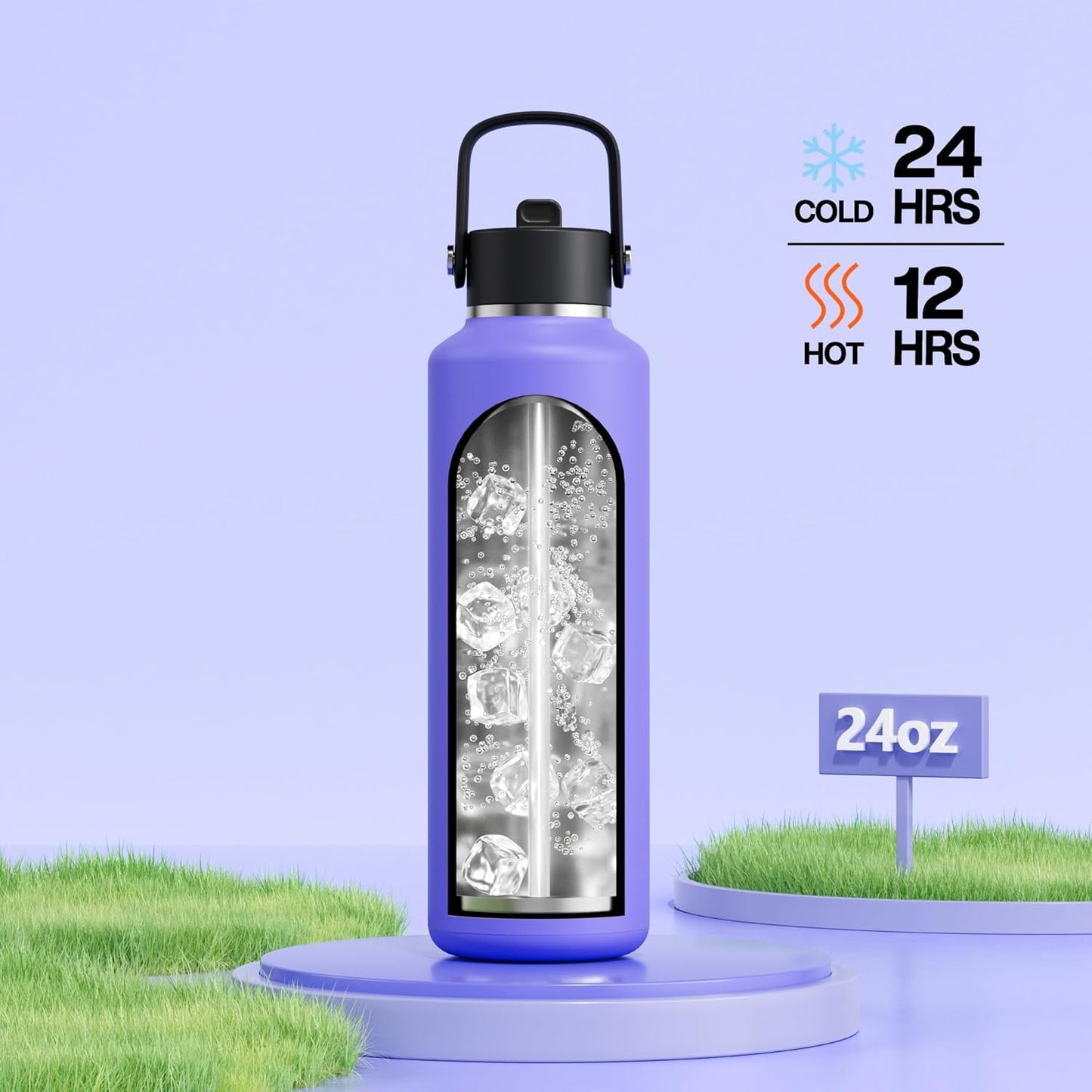 POWCAN 24 oz Travel Water Bottle: Leakproof, Cold for 24H, BPA-Free, Top Handle, Insulated Stainless Steel Water Bottle with Straw for School, Outdoors, Teens, Running, Sport, Trip (Violet's Tale)