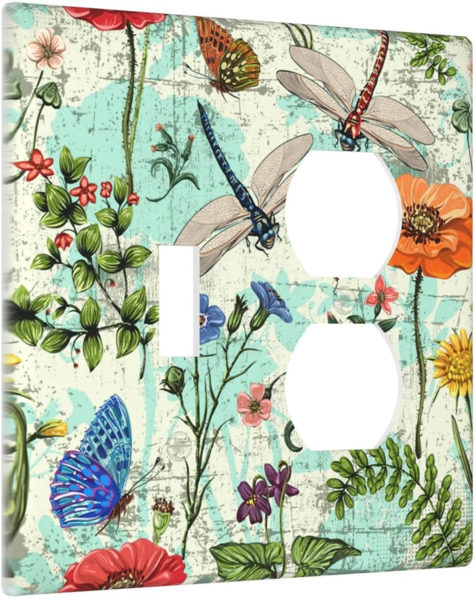 Dragonflies Flowers Butterfly 2 Gang 1 Toggle 1 Outlet Outlet Light Switch Cover Decorative Wall Plate Cover For Home Living Bedroom Kitchen Decorative
