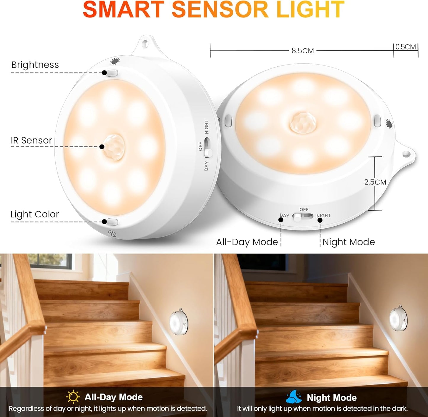 YiaMia Motion Sensor Under Cabinet Lights - 6 Pack, Indoor Smart Sensor Night Light, 3 × AA Battery Operated Wireless Stair Light, Dimmable Puck Lights Suitable for Kitchens, Wardrobes, Hallway