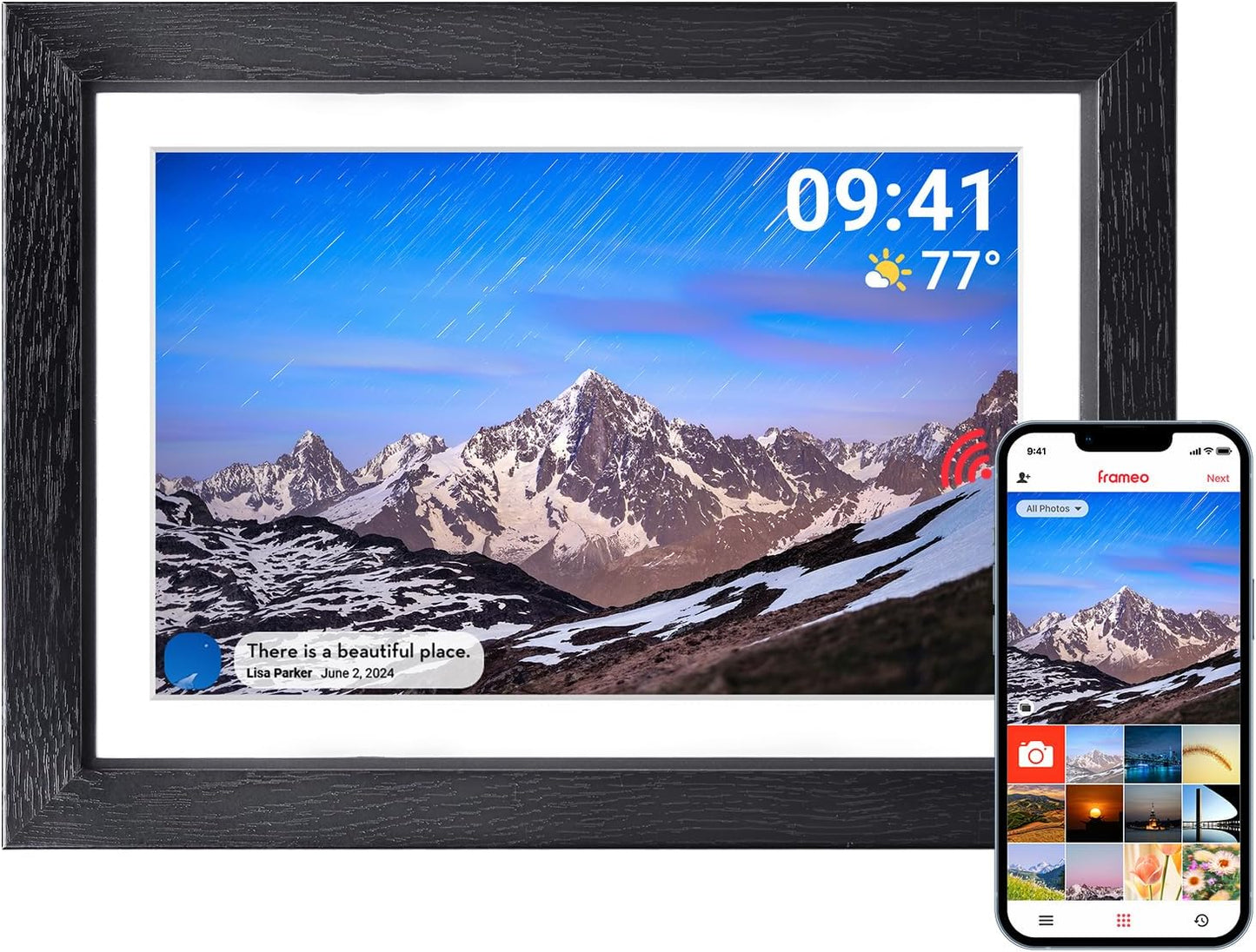 THOMSON Digital Picture Frame, Digital Photo Frame WiFi with 32 GB, HD IPS Touch Screen, Auto-Rotate, Slideshow, Share Photos/Videos from Phone by App (10.1Inch Wood)