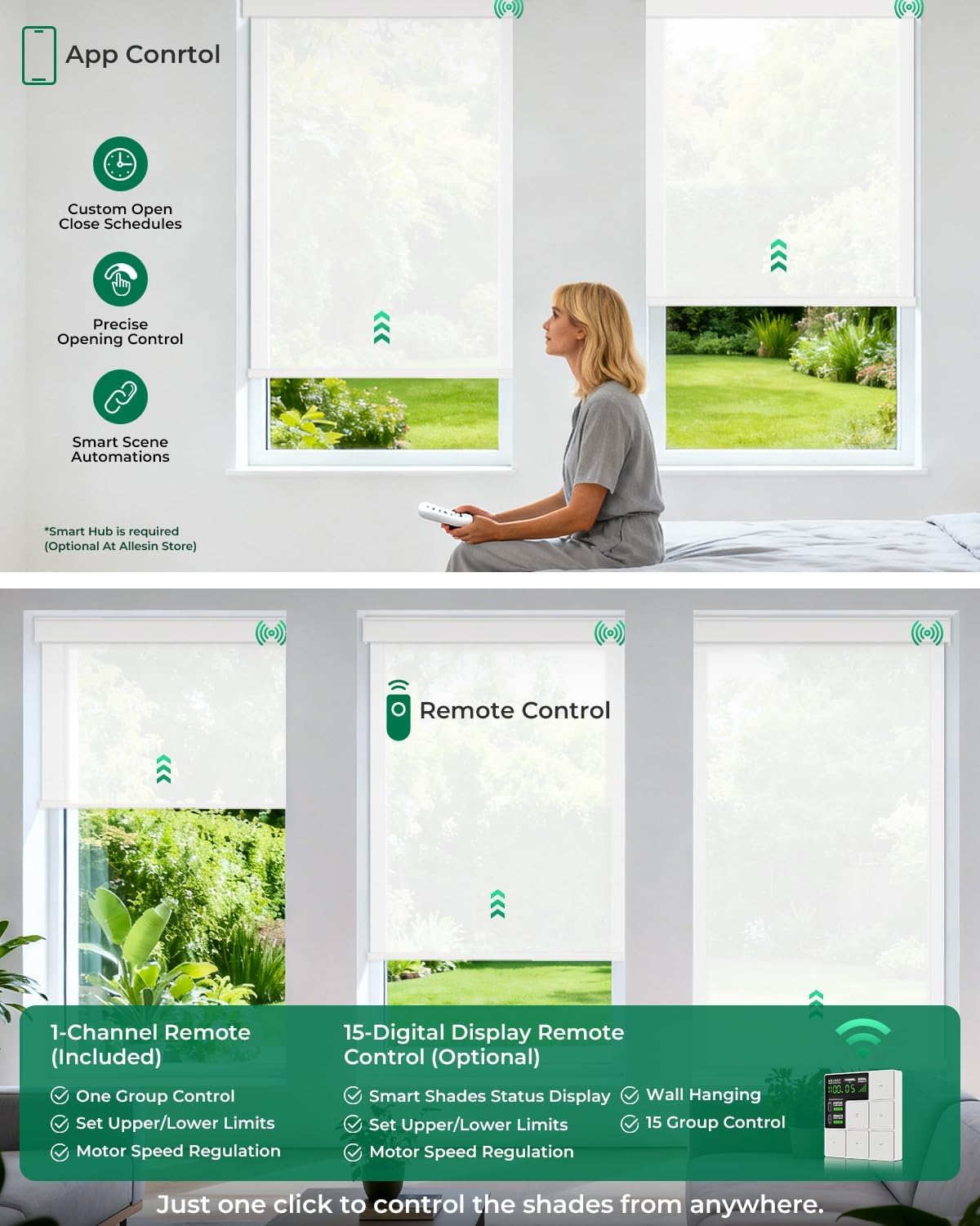 Allesin Motorized Roller Blinds – Rechargeable Smart Shades with Remote & Quiet Motor, Top/Bottom Aluminum Rails, Alexa-Compatible for Window (Custom Size, Light Filtering Seashell-Textured)