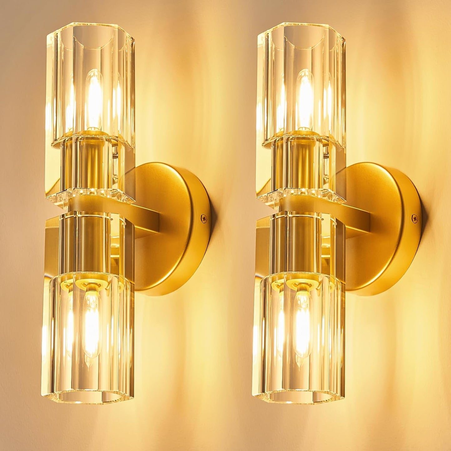 Modern Gold Wall Sconces Set of Two Bedroom Crystal Wall Sconces Indoor Sconces Wall Lighting Living Room Sconces with K9 Crystal Lampshade for Bathroom Hallway Entryway Stairway