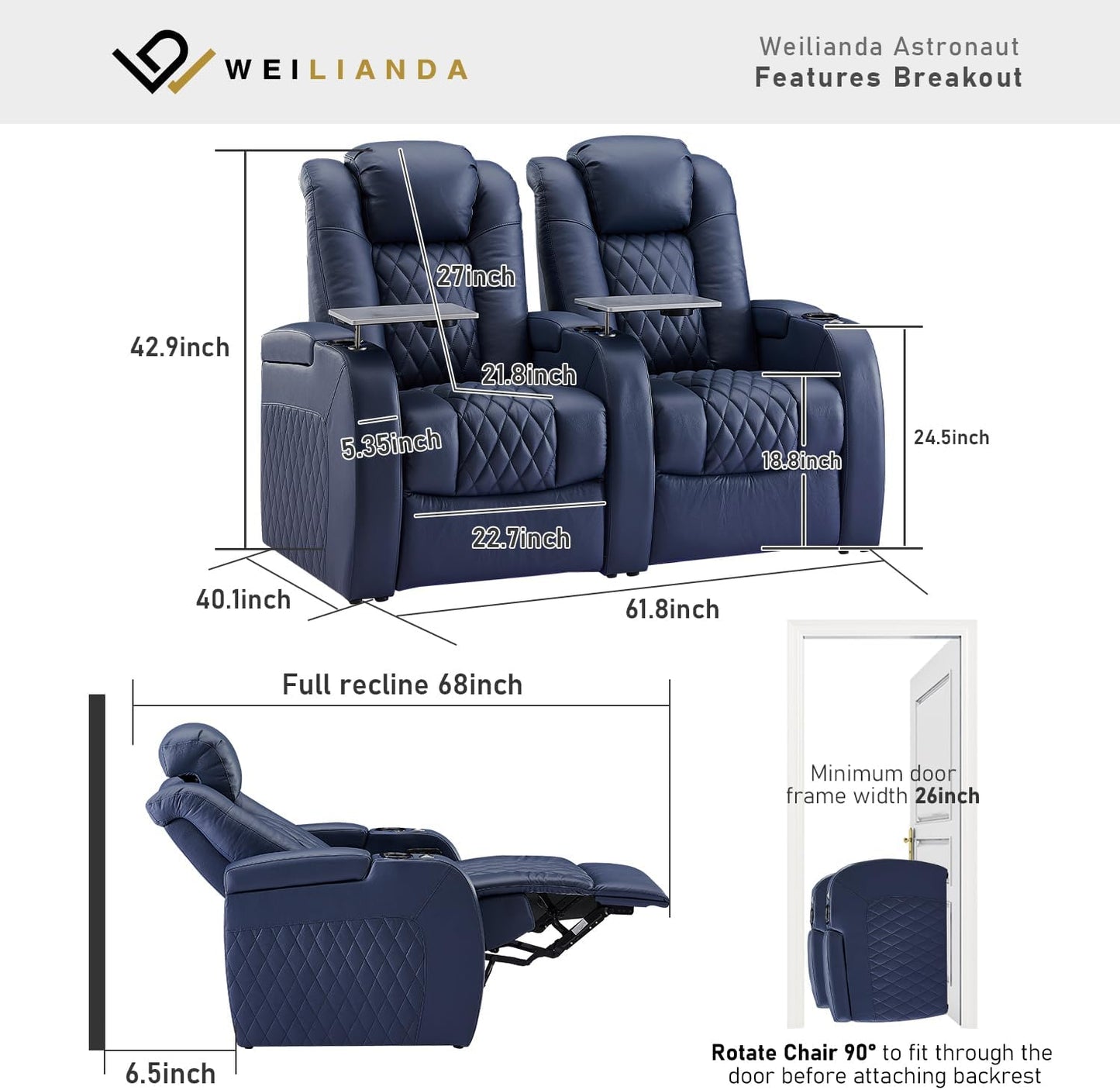 Weilianda Home Theater Seating Top Grain Leather Zero Gravity Recliner Chair Power Headrest Recline Movie Seat Gaming 7 Colors Mood Light Sofa with Tray Table USB Charge Row of 2 Blue