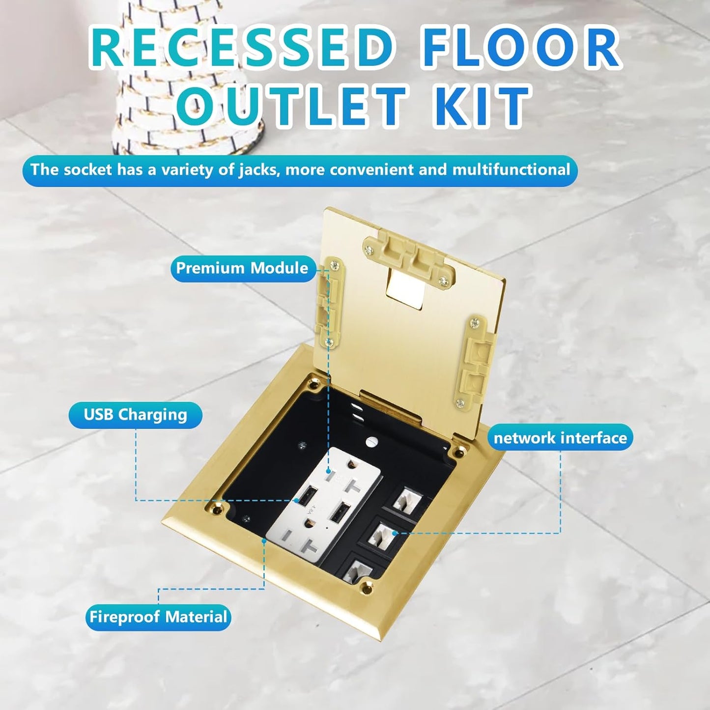 KYHSHJ Recessed Flat Hidden Socket Kit with 2 * 20A Receptacle，4.8A*2 USB-A Ports +3-Port RJ45 Datacom Receptacle. Internal Height Adjustable，Corrosive Resistant Hardware,Brass