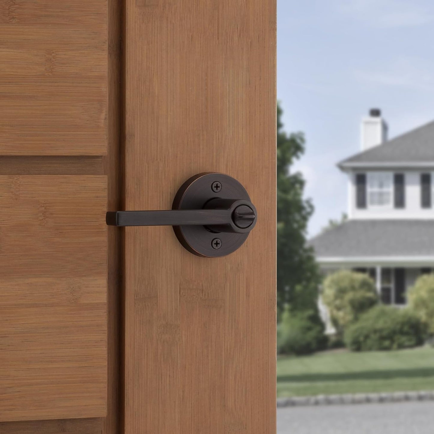 Kwikset Halifax Entry Door Handle with Lock and Key, Secure Round Keyed Reversible Lever Exterior, For Front Entrance and Bedrooms, Venetian Bronze, Pick Resistant Smartkey Rekey Security and Microban