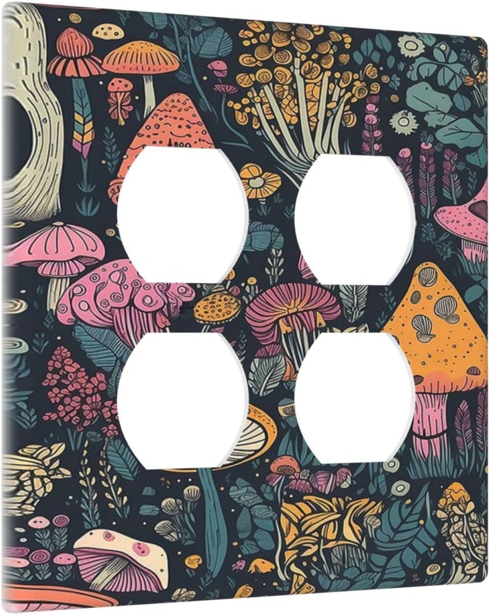 Decorative Outlet Covers Cartoon Comics Colorful Mushrooms 2 Gang Wall Plate Cover Double Duplex Receptacle Two Switch Light Switch Cover Plate Jumbo Dual Faceplate for Home Decor
