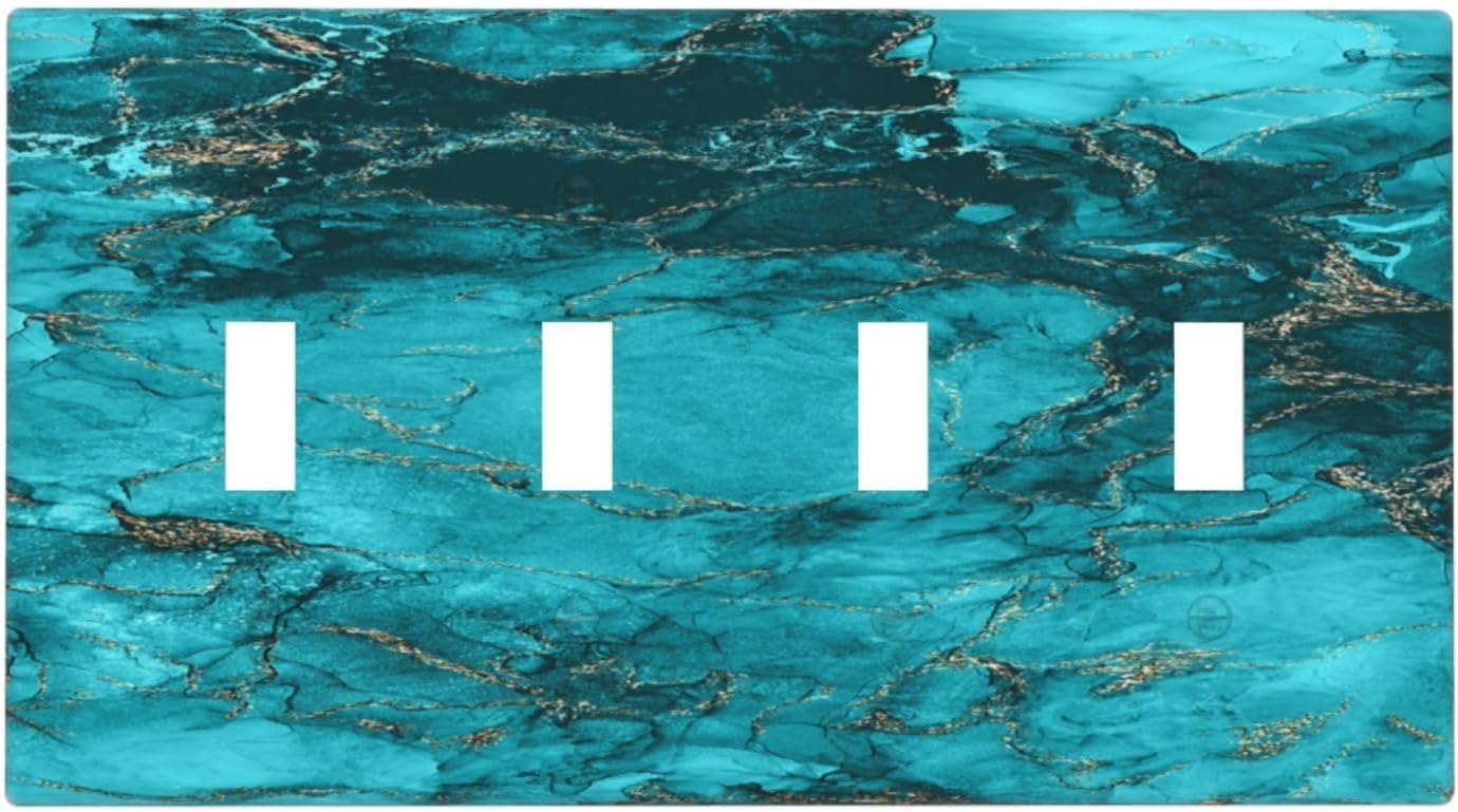 Decorative Light Switch Plate Covers Modern Abstract Turquoise Blue Marble Texture 4 Gang Artistic Wall Plate Unique Quad Toggle Light Switch Covers for Bathroom Home Decor