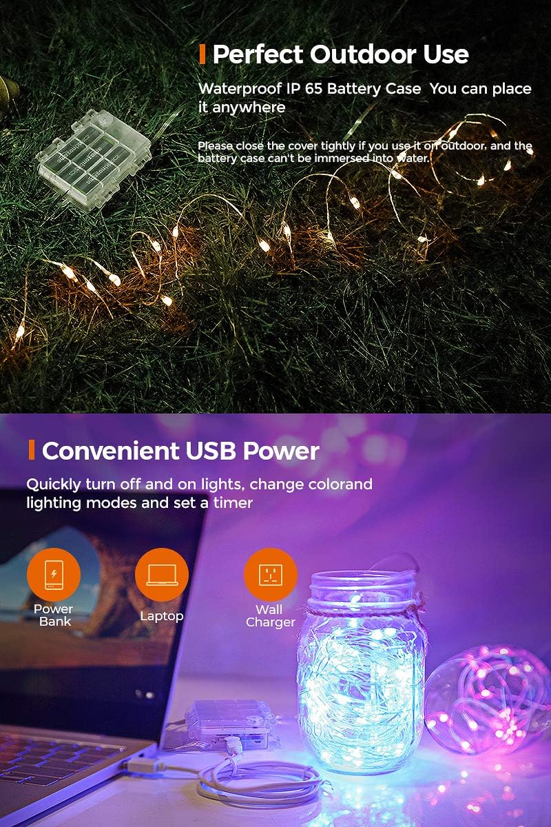OMIKA 2 Pack 16.4ft 50 LED 16 Colors Battery Operated & USB Powered Fairy Lights, with Remote Waterproof LED String Lights for Bedroom Garden Patio Party Indoor Outdoor Decor(132 Modes)