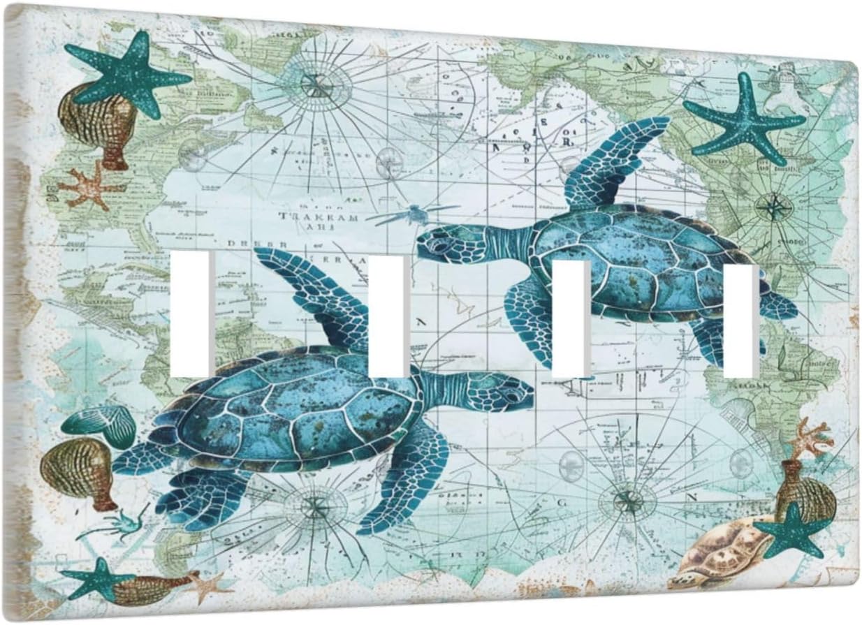 Light Switch Covers Nautical Green Sea Turtles Beach Blue Ocean Quad Toggle Electrical Faceplate 4 Gang Wall Plate Decorative Switch Plates For Bathroom Kids Room Decor