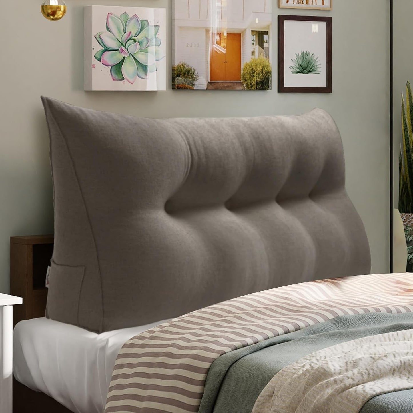 WOWMAX 85% Linen 15% Cotton Blend Headboard Pillow – Full Size Reading Wedge Backrest for Bed, Handmade Firm Support Bolster Cushion with Removable Cover, Premium Bed Rest Pillow, Light Gray
