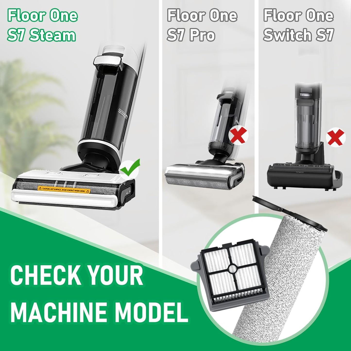 Only Floor ONE S7 Steam Roller Brush Replacement and Vacuum Filter Kit Compatible with Tineco Floor ONE S7 Steam Cordless Wet Dry Vacuum Replacement Parts,2 Roller Brushes,2 Filters,1 Cleaner Brush