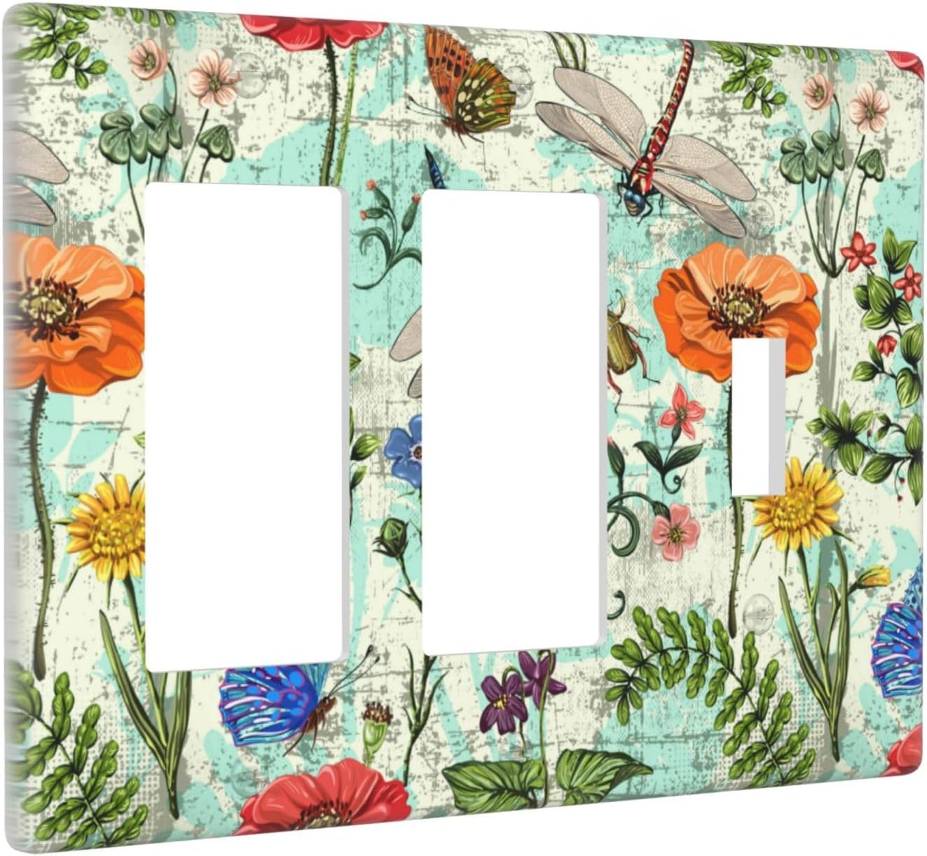 Dragonflies Flowers Butterfly 3 Gang Rocker Rocker Toggle Outlet Light Switch Cover Decorative Wall Plate Cover For Home Living Bedroom Kitchen Decorative