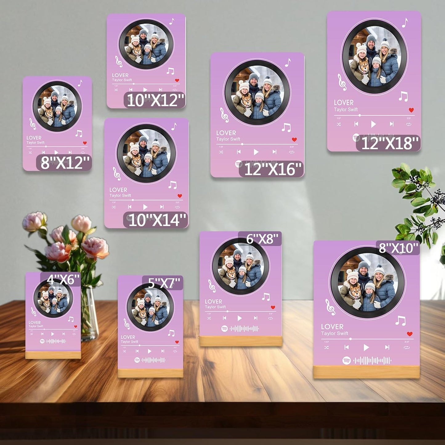 Custom Photo Prints - Metal Desktop Picture Frame with Photos & Spotify Song Plaque & Wooden Base Personalized Gifts for Family Friends and Lovers, Optional Multiple Sizes